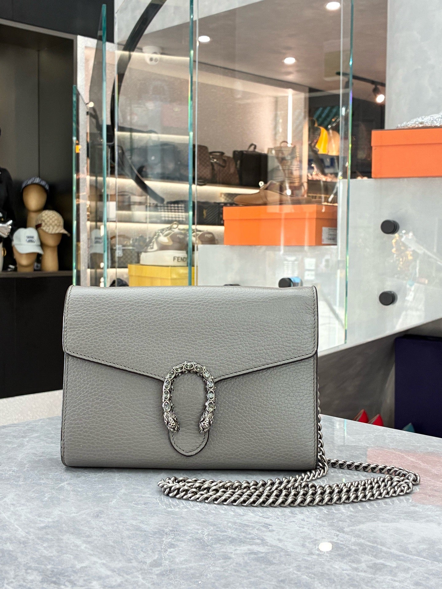 Gucci grey Dionysus leather chain wallet with silver-toned hardware