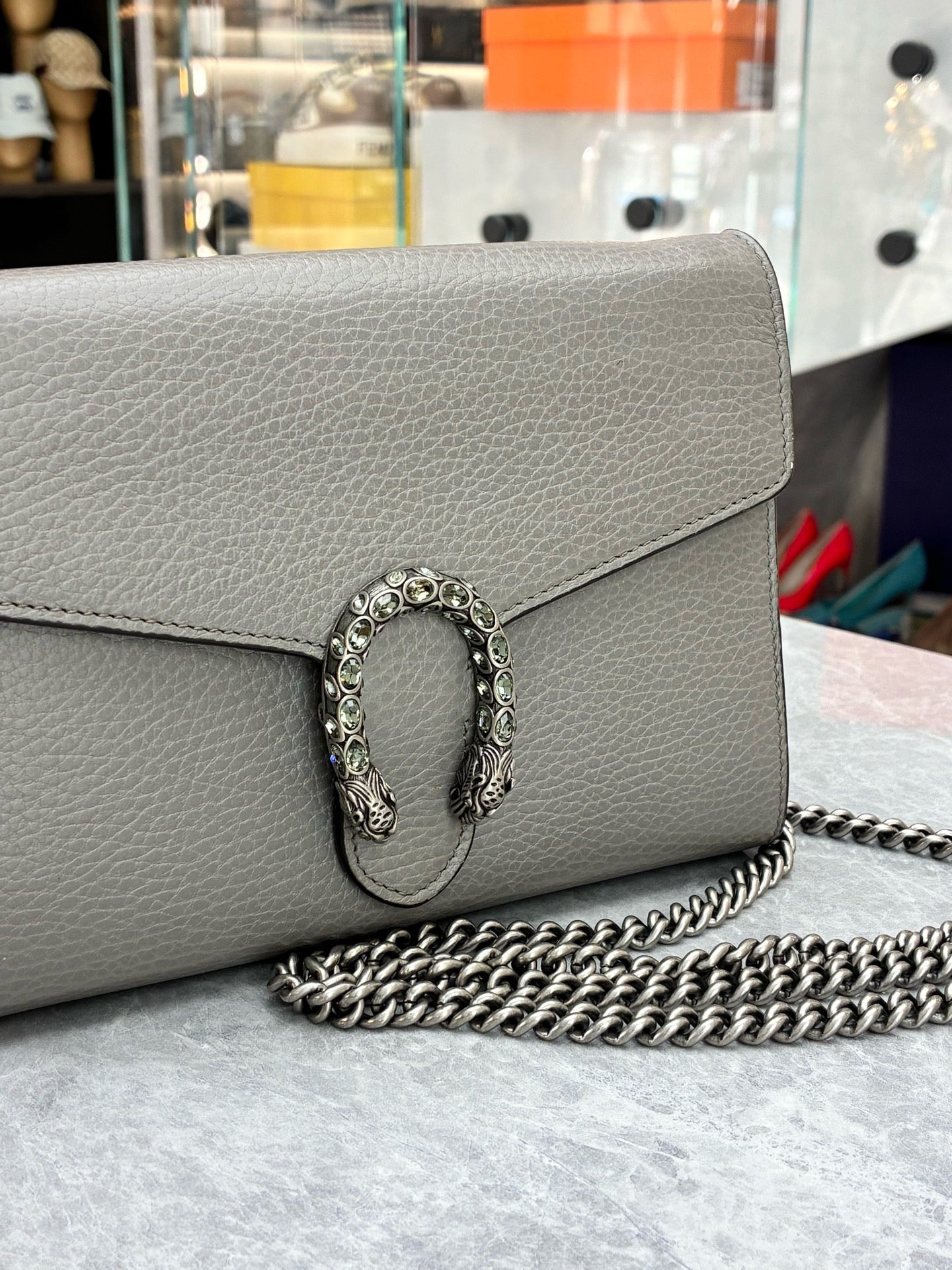 Gucci grey Dionysus leather chain wallet with silver-toned hardware