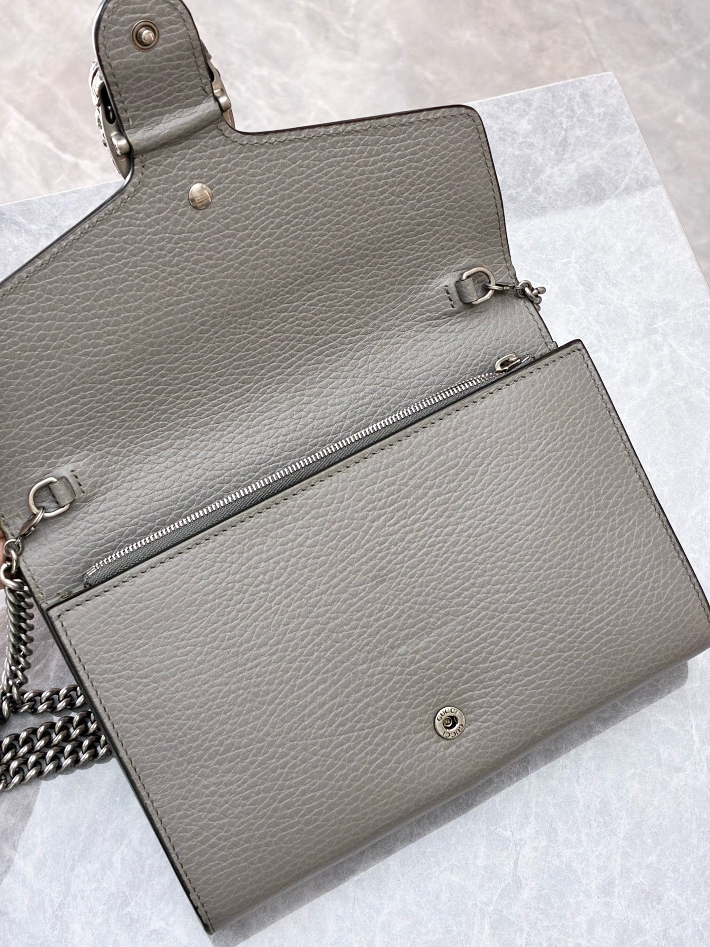 Gucci grey Dionysus leather chain wallet with silver-toned hardware