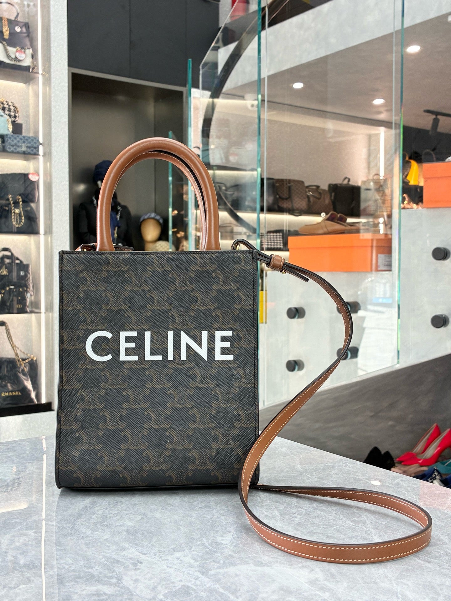 Celine Mini Vertical Cabas Tote in Triomphe Canvas and Tan Calfskin leather