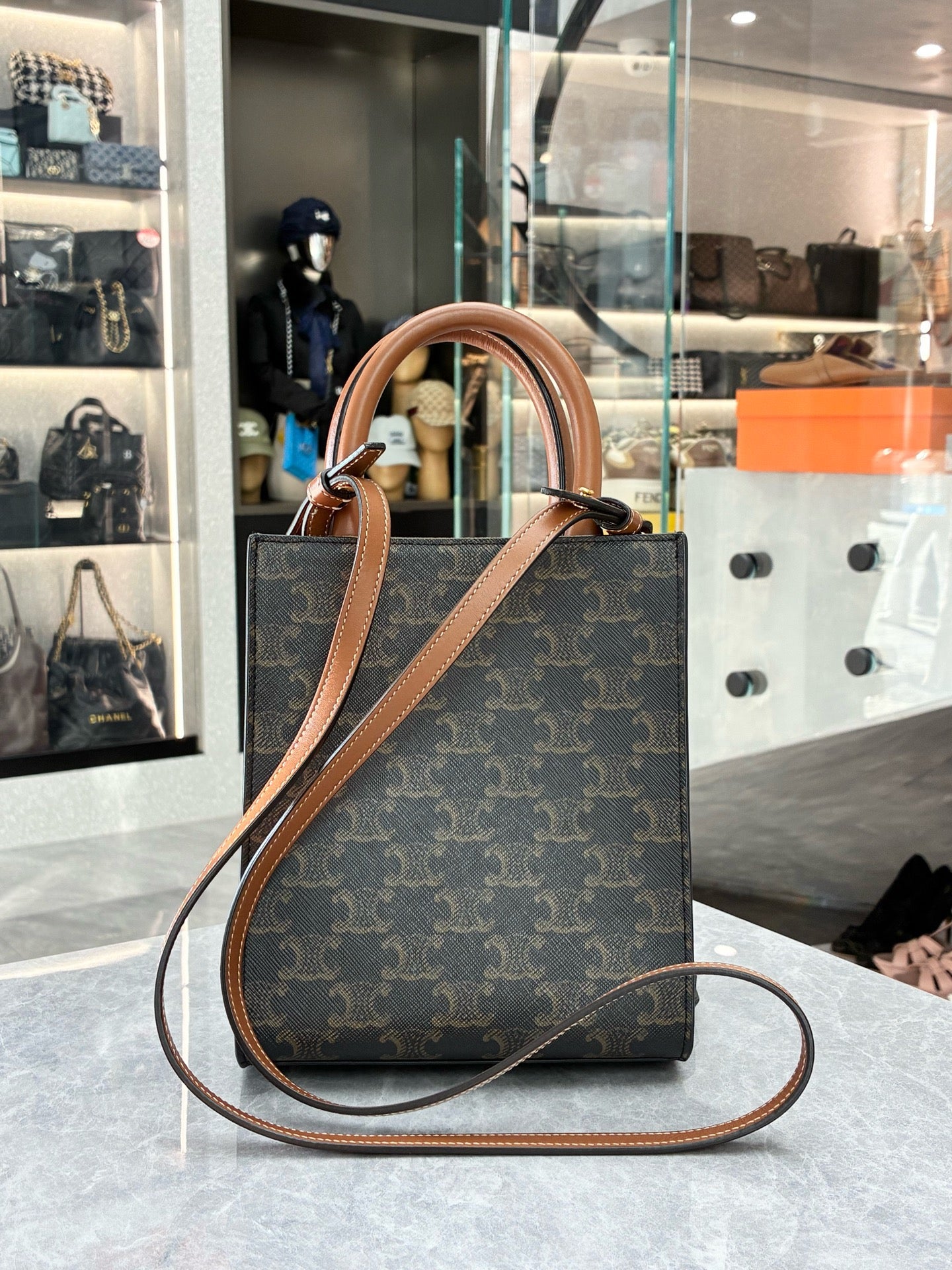 Celine Mini Vertical Cabas Tote in Triomphe Canvas and Tan Calfskin leather