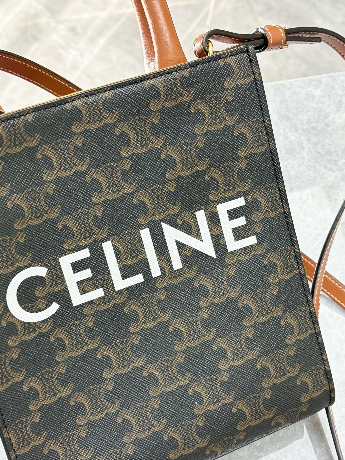 Celine Mini Vertical Cabas Tote in Triomphe Canvas and Tan Calfskin leather