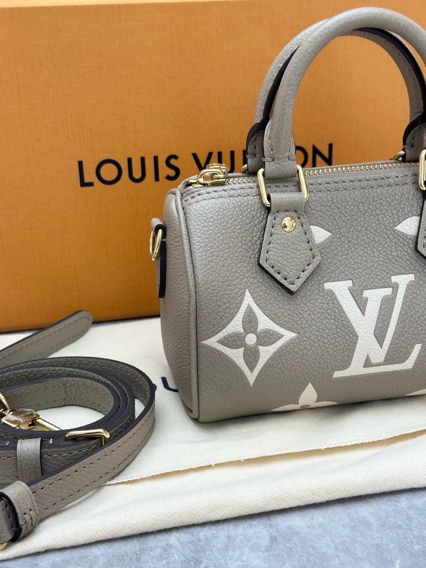 Louis Vuitton Nano Speedy handbag in Tourterelle and Creme embossed Empreinte leather