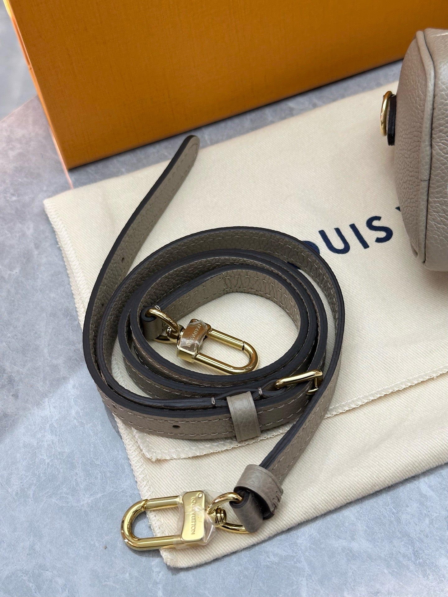 Louis Vuitton Nano Speedy handbag in Tourterelle and Creme embossed Empreinte leather