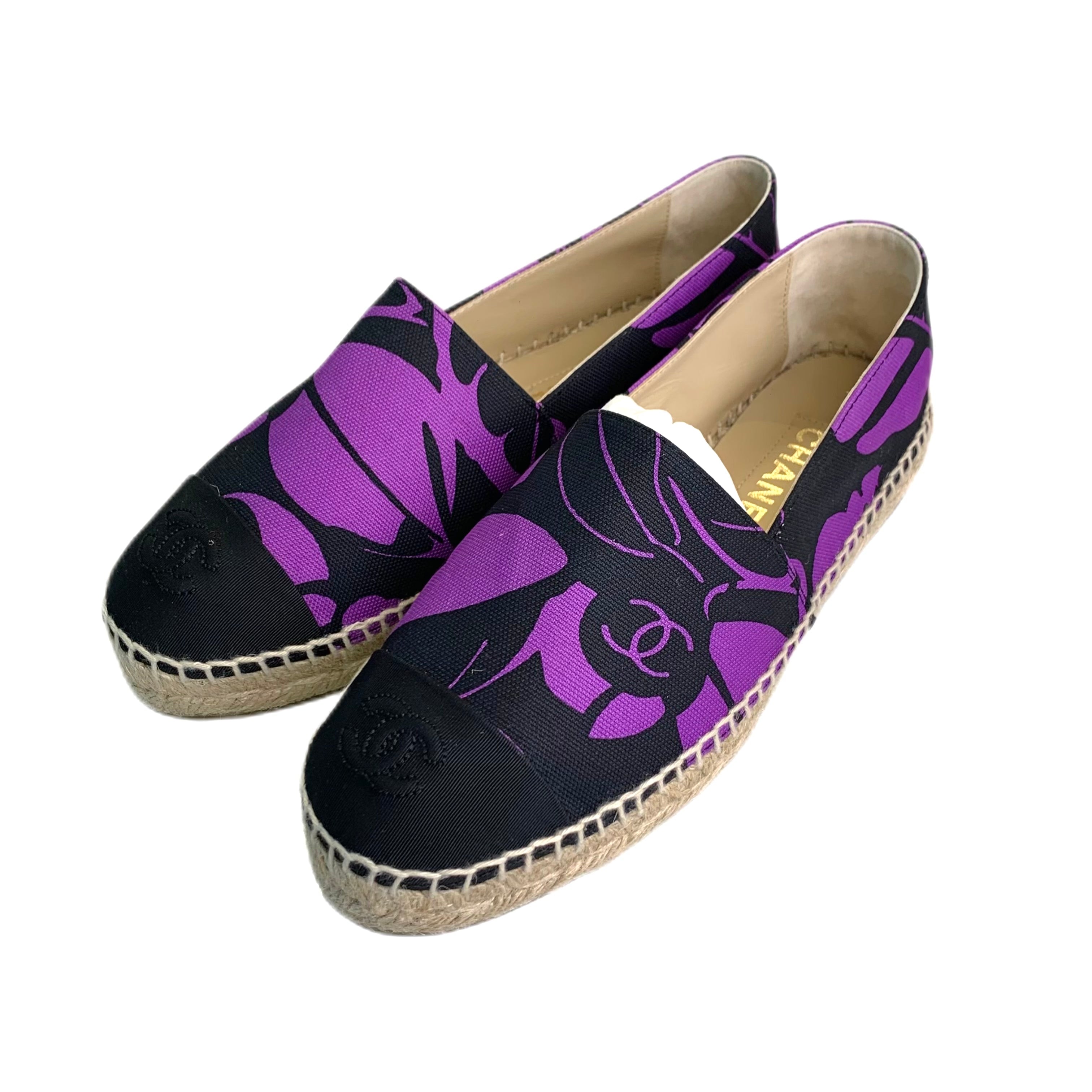 Chanel Espadrille Canvas Printed Flat Purple 38