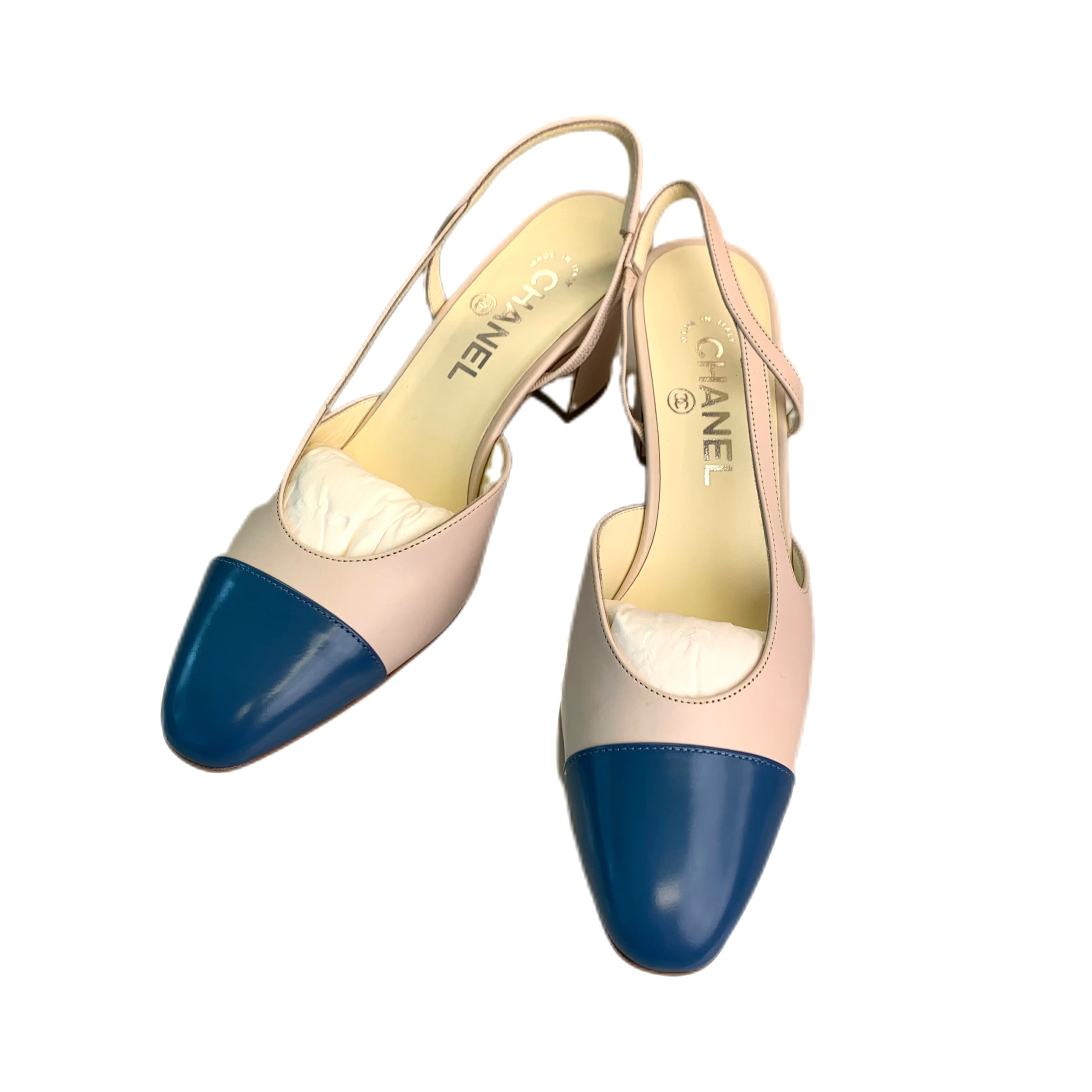 Chanel Sling back Leather Blue/Beige Pumps 38