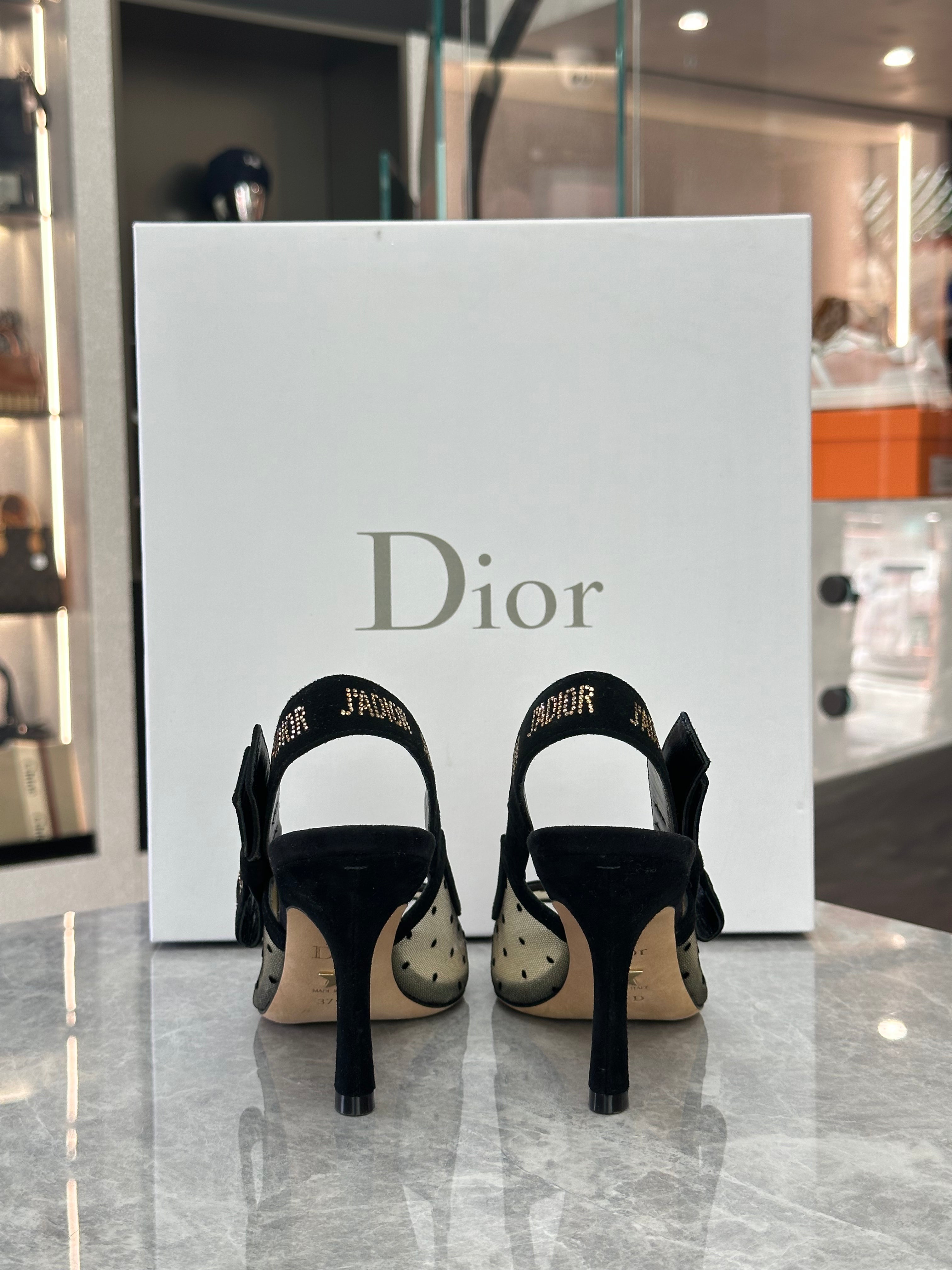 Dior Black Mesh Peep-Toe Pumps with Polka Dots
