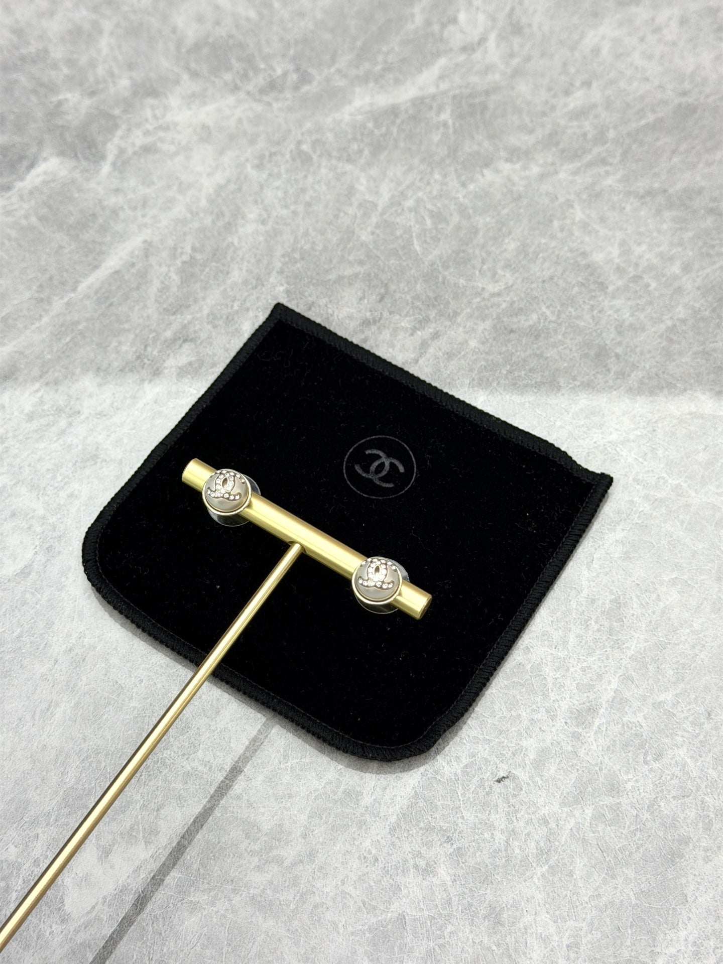 CHANEL Pearl & Crystal CC Stud Earrings – Gold Tone (Iridescent Spheres)