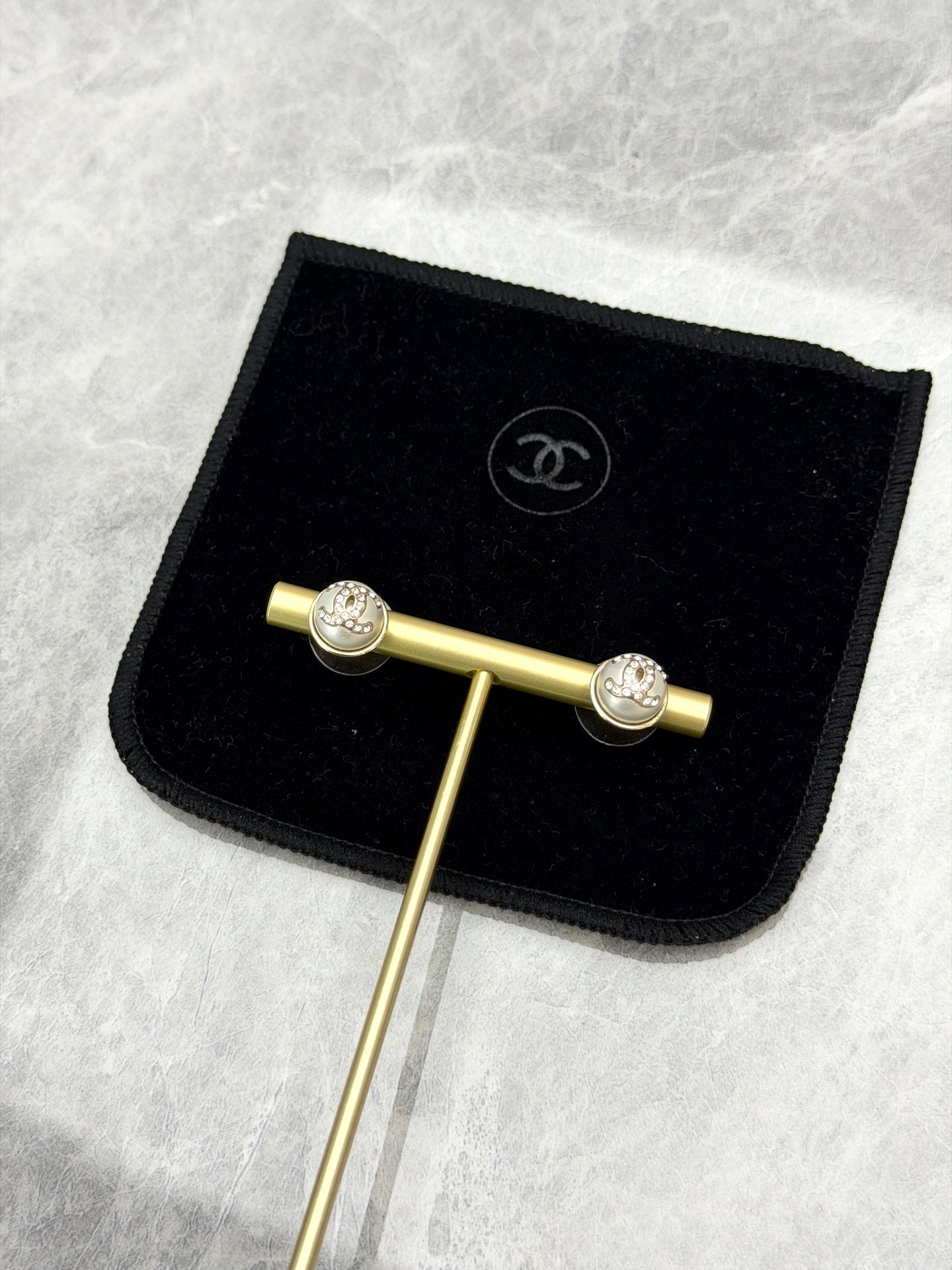 CHANEL Pearl & Crystal CC Stud Earrings – Gold Tone (Iridescent Spheres)
