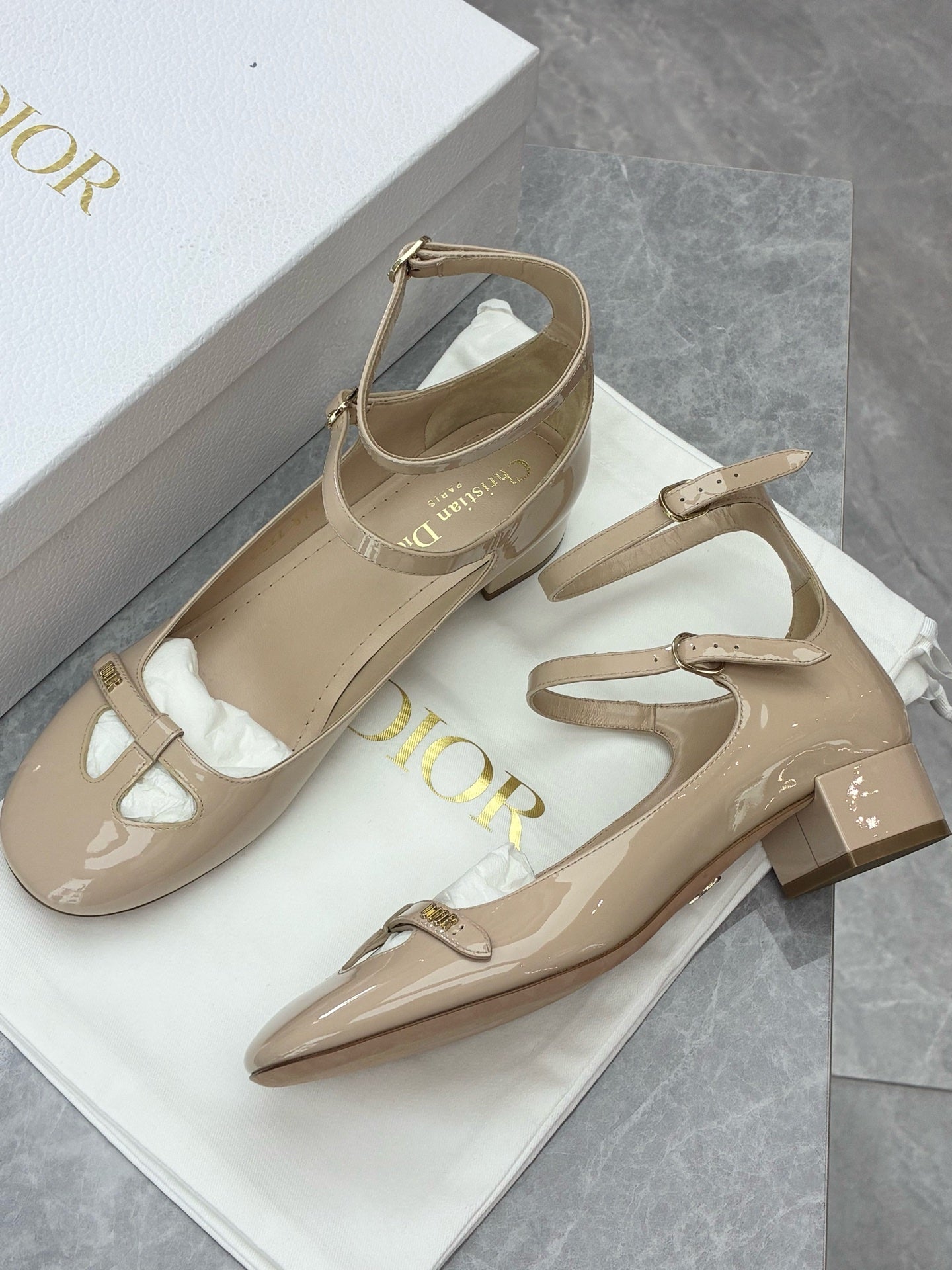 DIOR Aimé Patent Mary Jane Shoes – Nude, Size 37.5