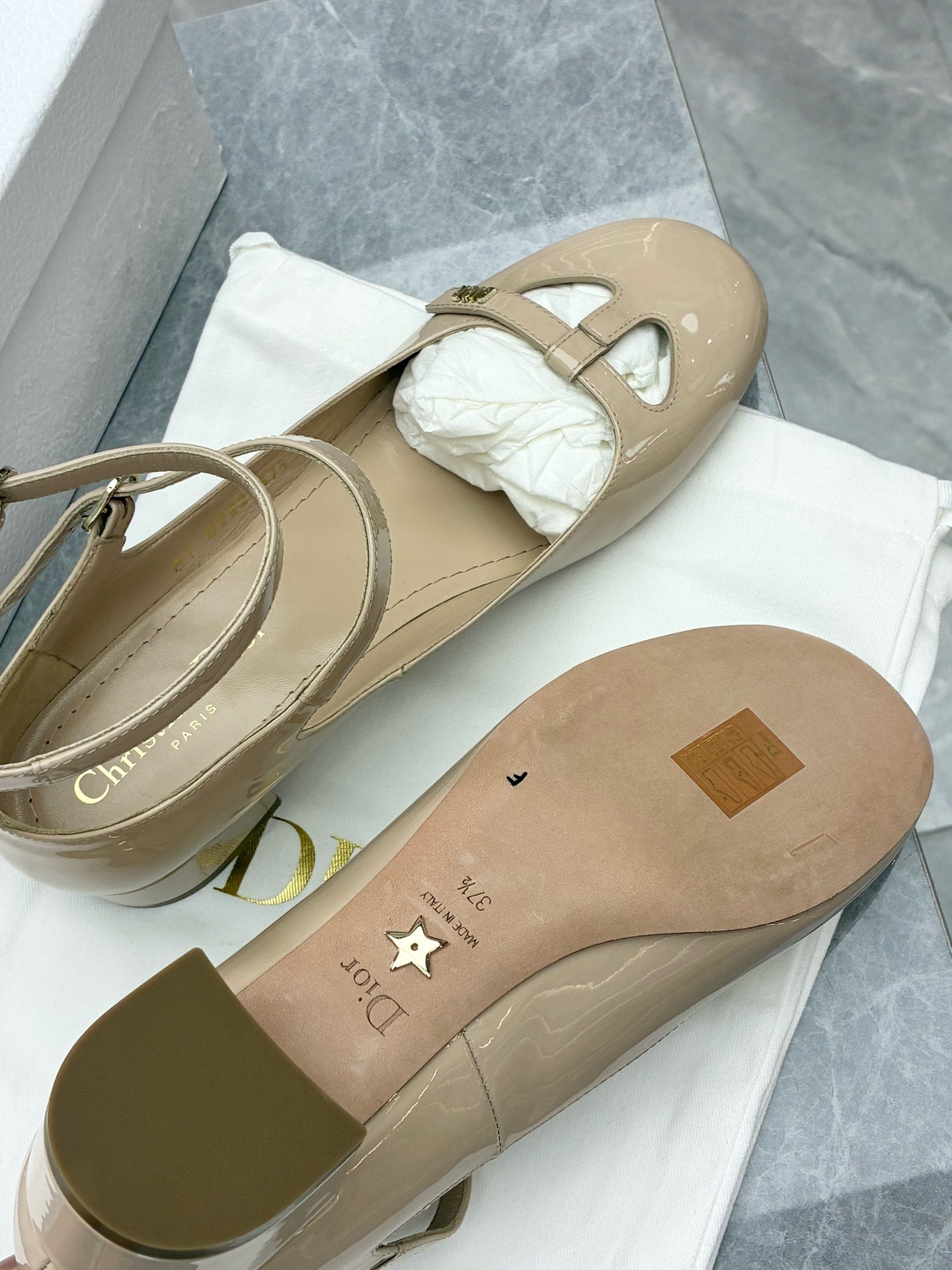 DIOR Aimé Patent Mary Jane Shoes – Nude, Size 37.5