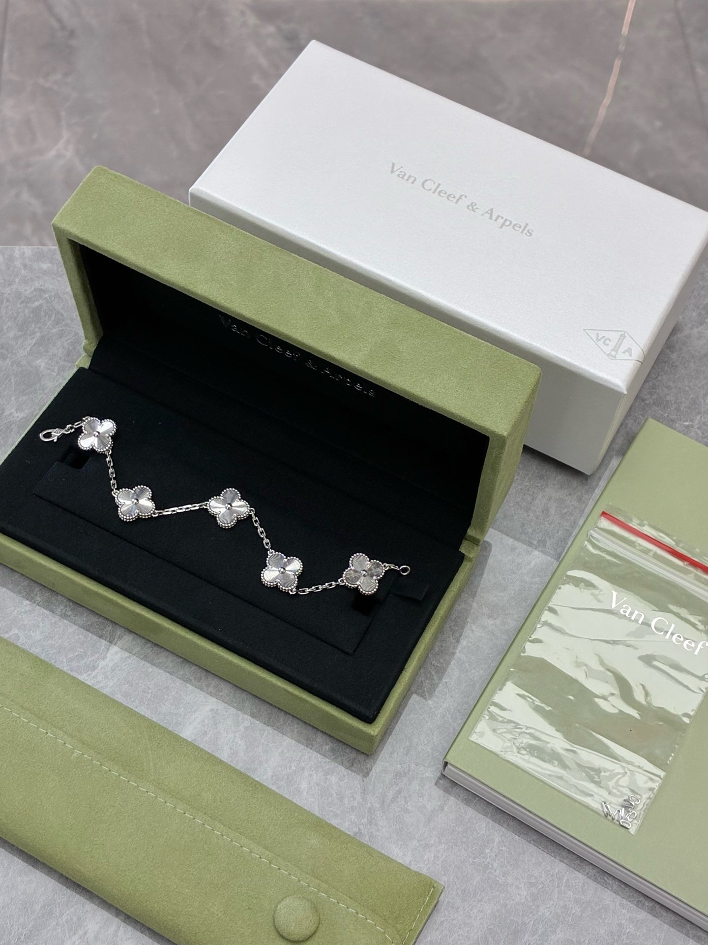 Van Cleef & Arpels Vintage Alhambra 5-Motif Bracelet – 18K White Gold, Mother-of-Pearl