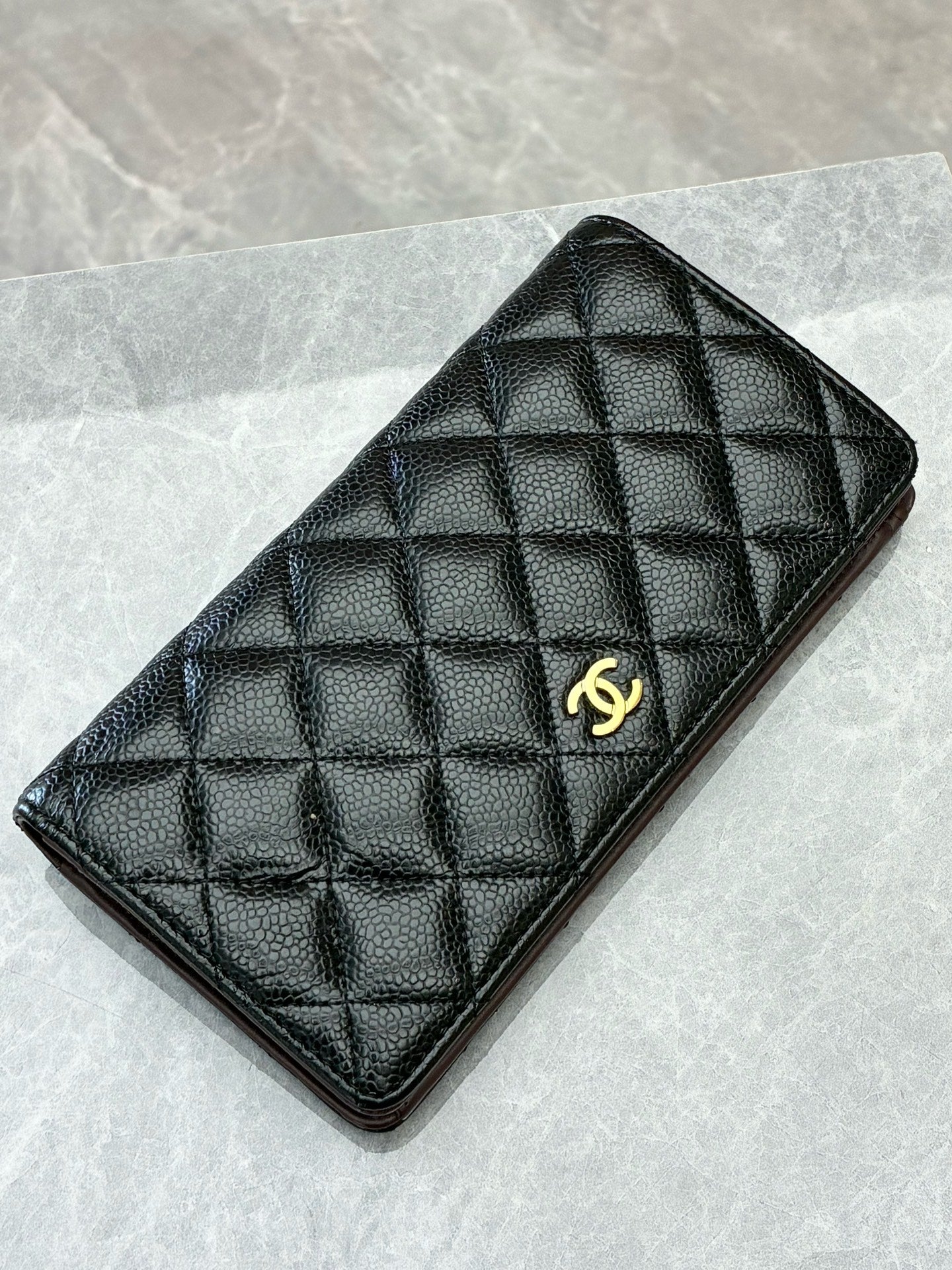 CHANEL Classic Flap Long Wallet – Black Caviar Leather, Gold Hardware, Burgundy Interior
