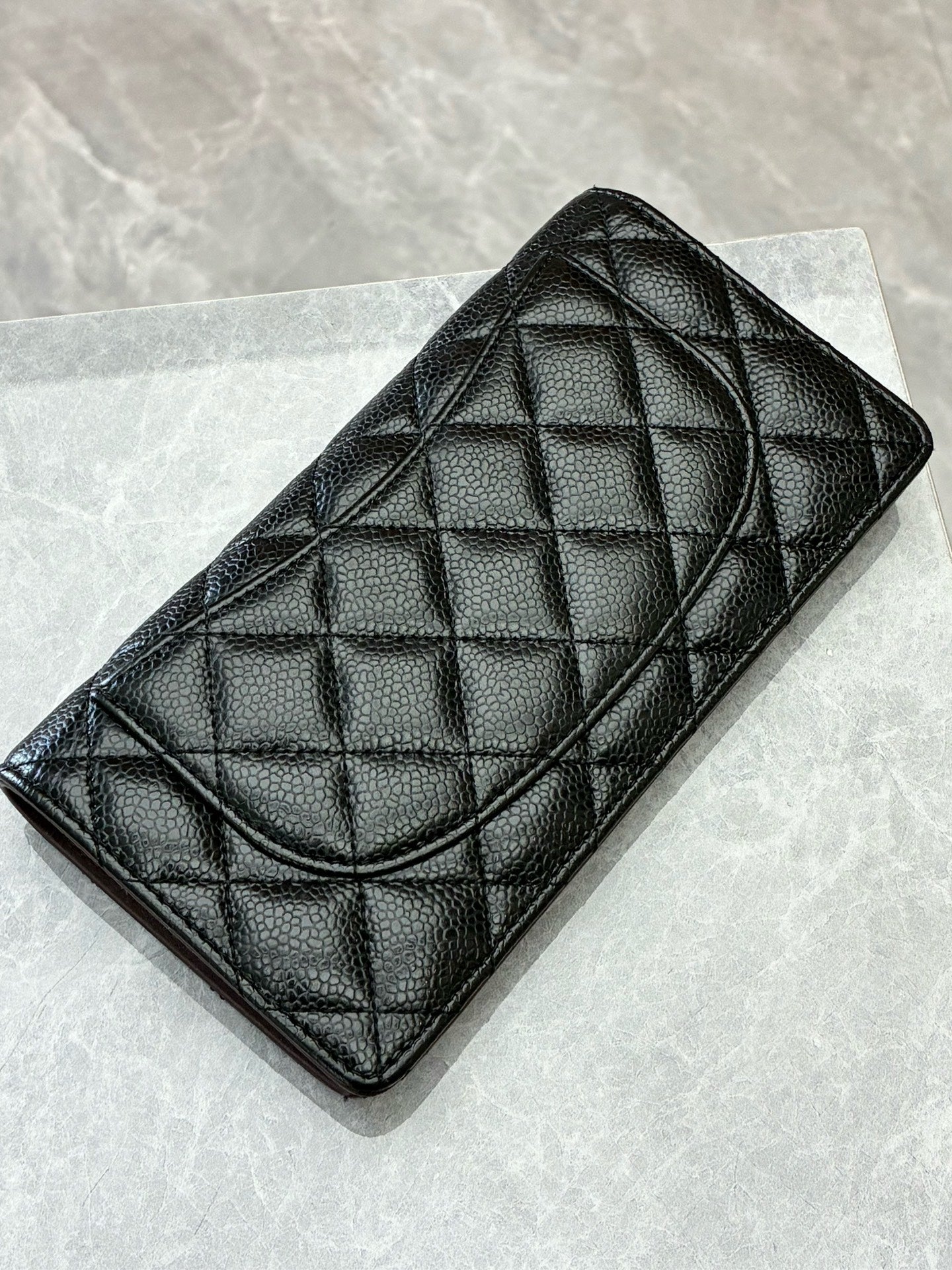 CHANEL Classic Flap Long Wallet – Black Caviar Leather, Gold Hardware, Burgundy Interior
