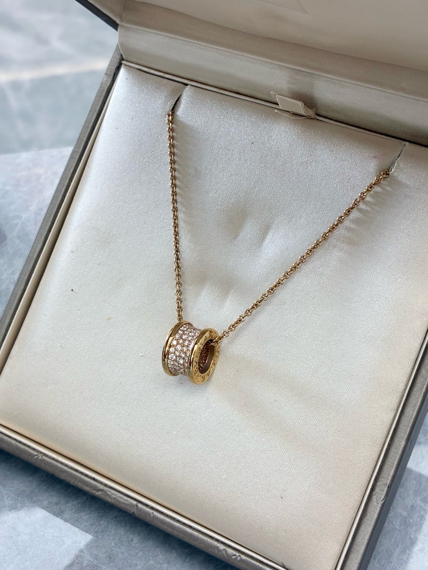 BVLGARI B.Zero1 Necklace – 18K Rose Gold, Full Pave Diamond Pendant