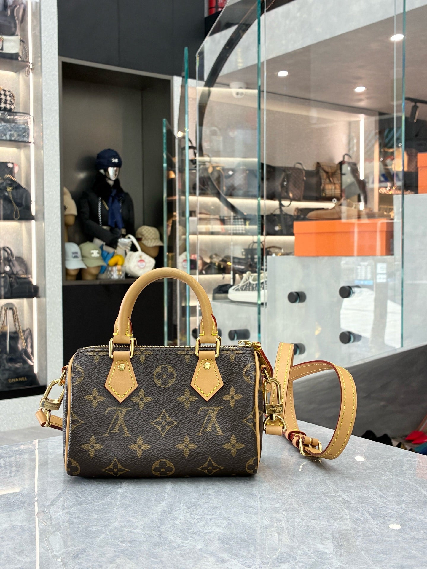 LOUIS VUITTON Nano Speedy – Monogram Canvas, Natural Cowhide Trim, Pre-Owned