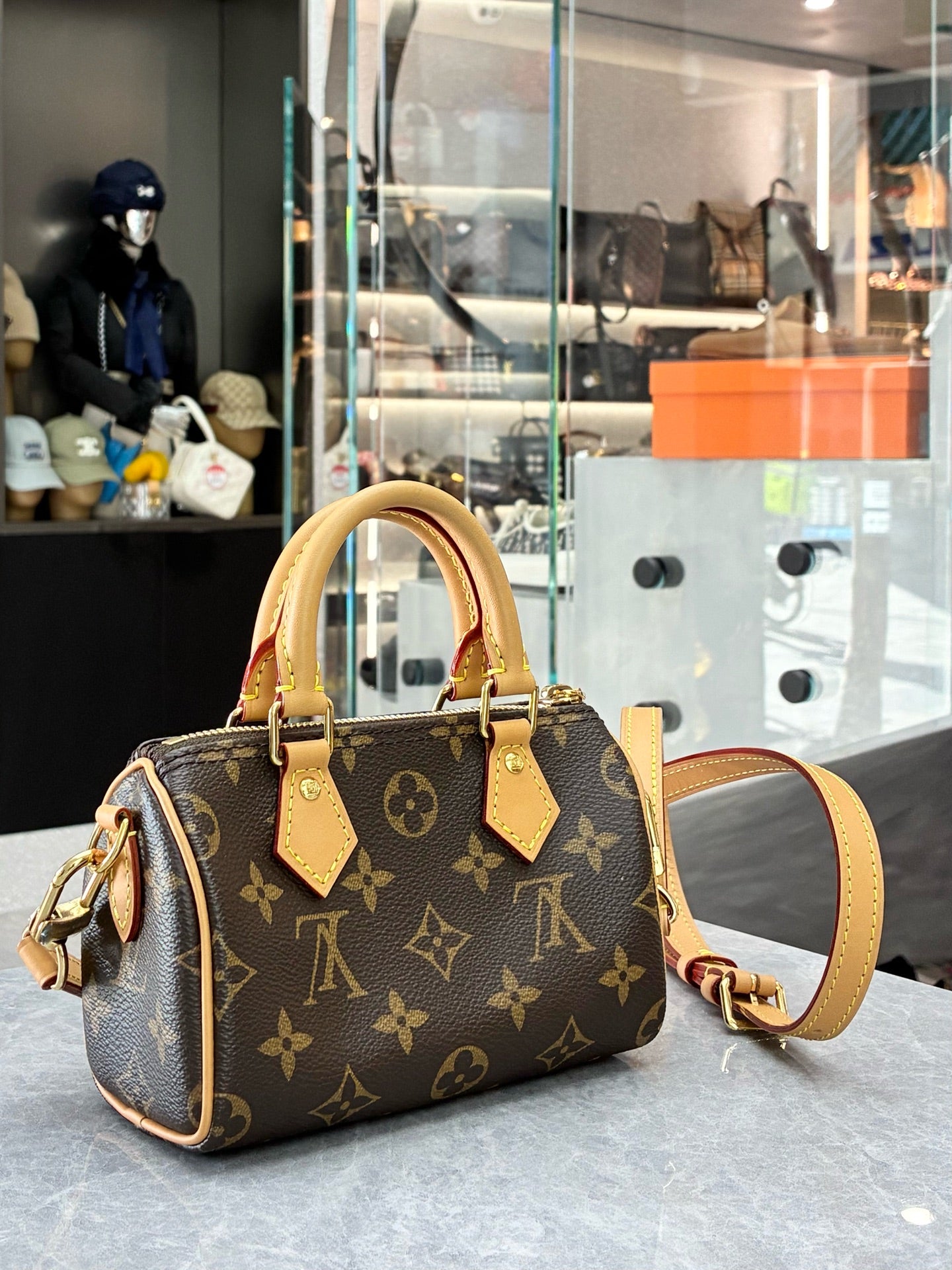 LOUIS VUITTON Nano Speedy – Monogram Canvas, Natural Cowhide Trim, Pre-Owned