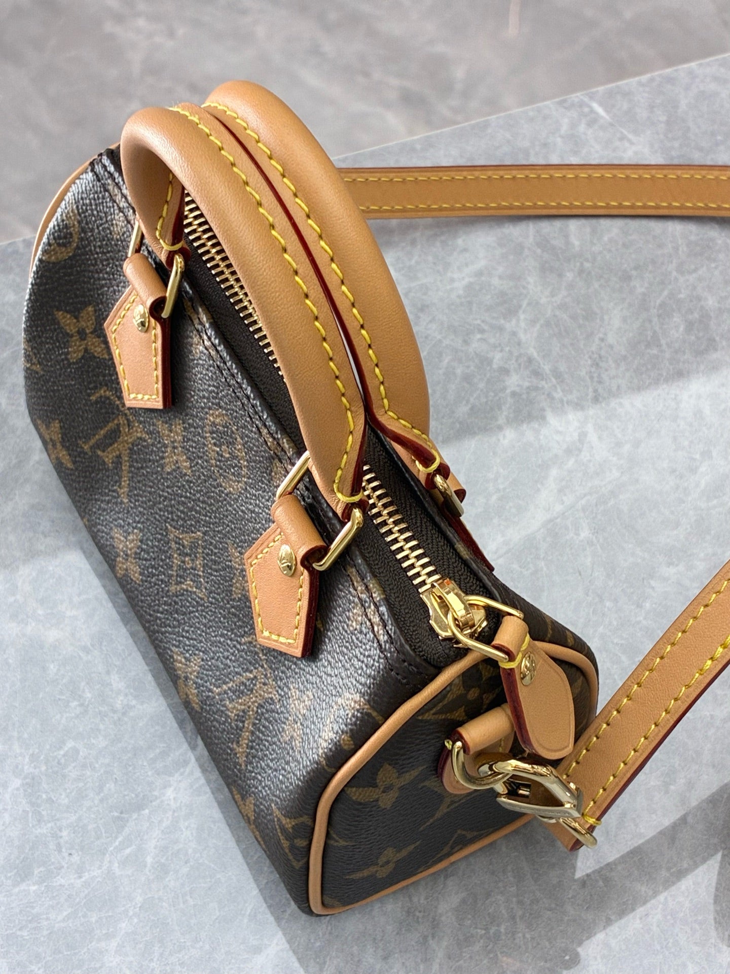 LOUIS VUITTON Nano Speedy – Monogram Canvas, Natural Cowhide Trim, Pre-Owned