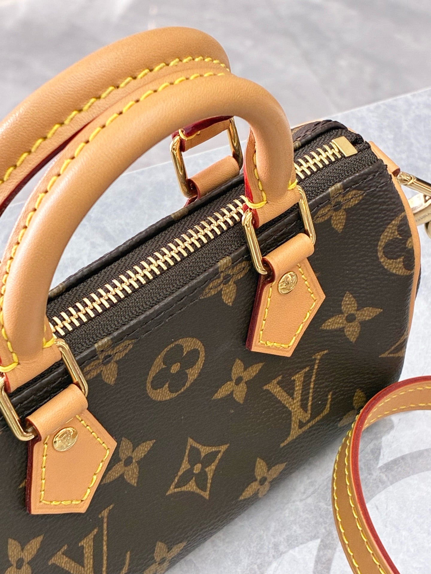 LOUIS VUITTON Nano Speedy – Monogram Canvas, Natural Cowhide Trim, Pre-Owned