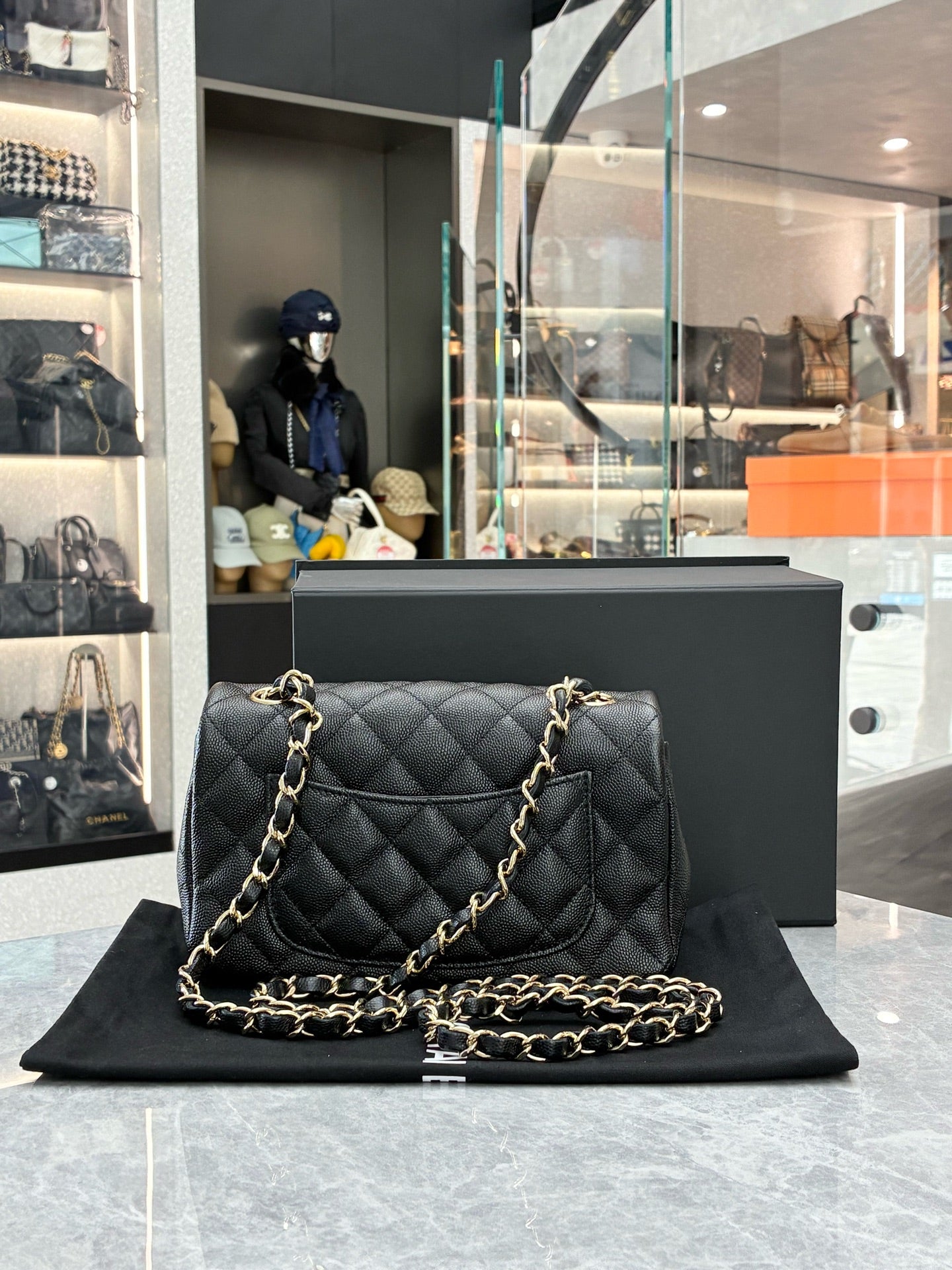 CHANEL Rectangular Mini Flap Bag – Black Caviar Leather, Champagne Gold Hardware, Pre-Owned