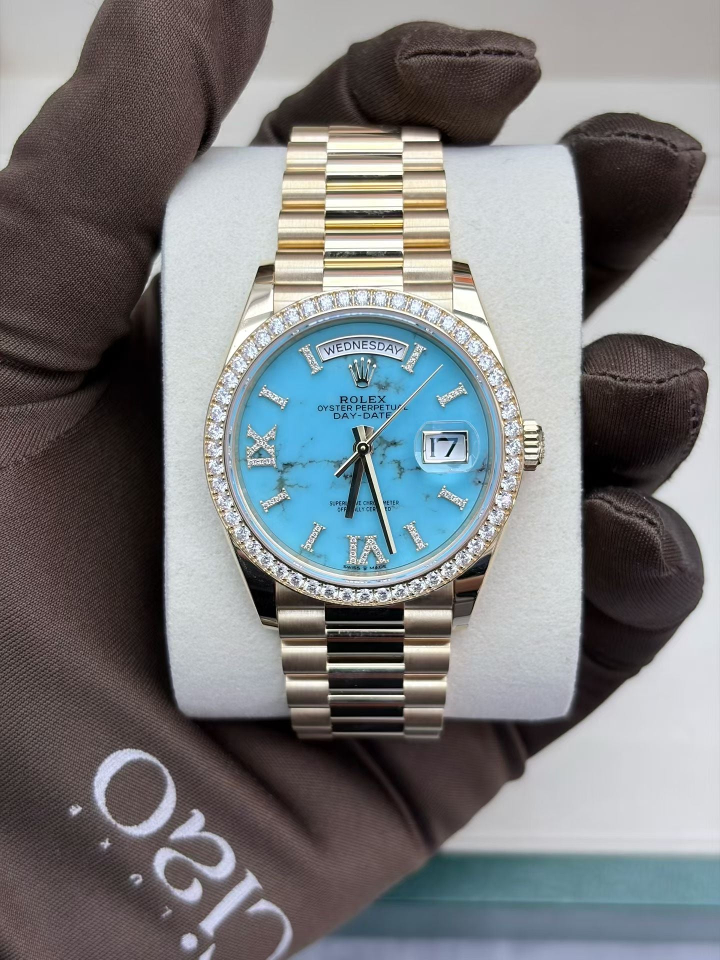 Rolex Day-Date 36 128348RBR turquoise dial front view