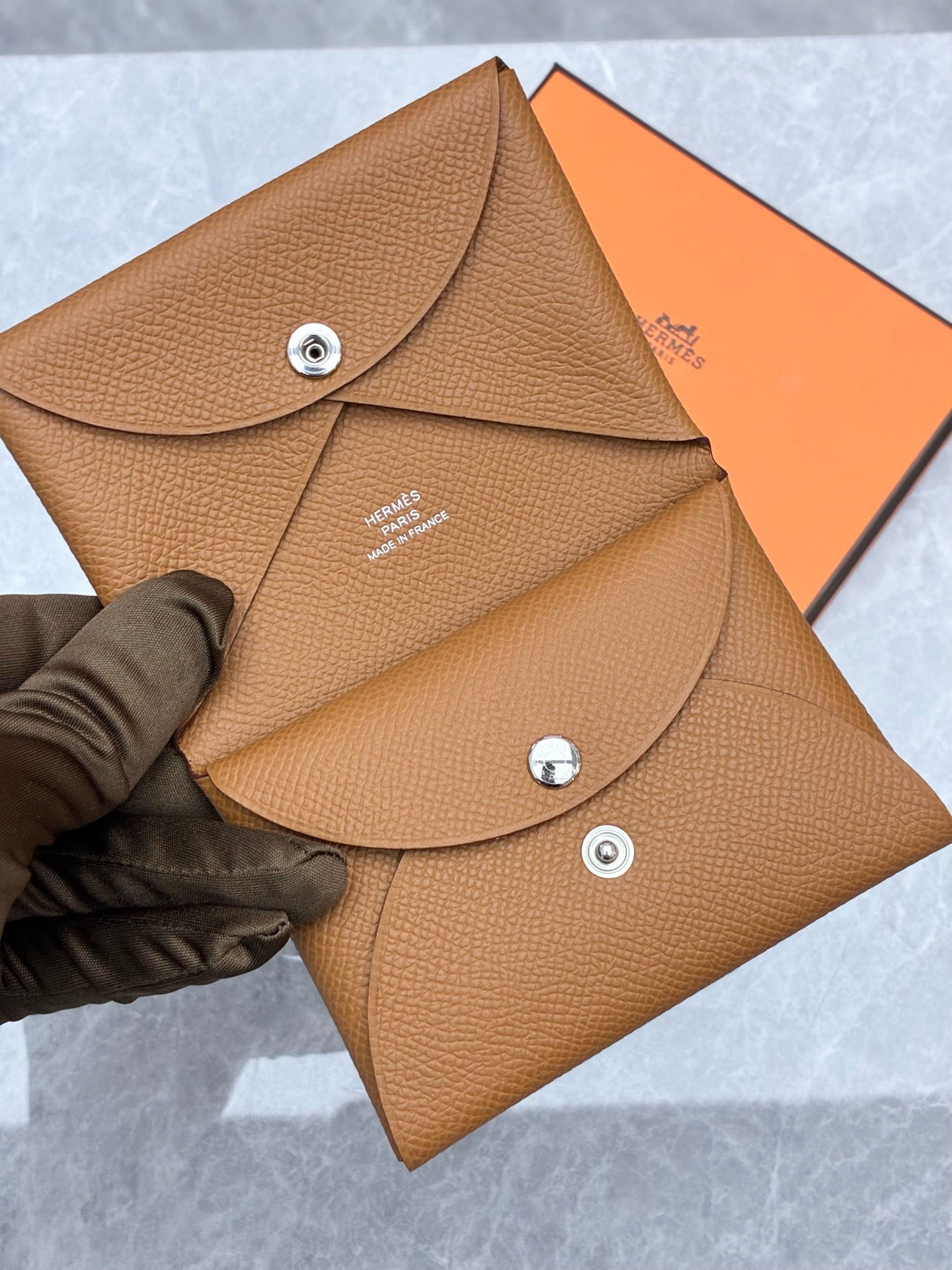 Hermès Calvi Duo Card Holder & Coin Purse – Gold Leather, Palladium Hardware, Brand New