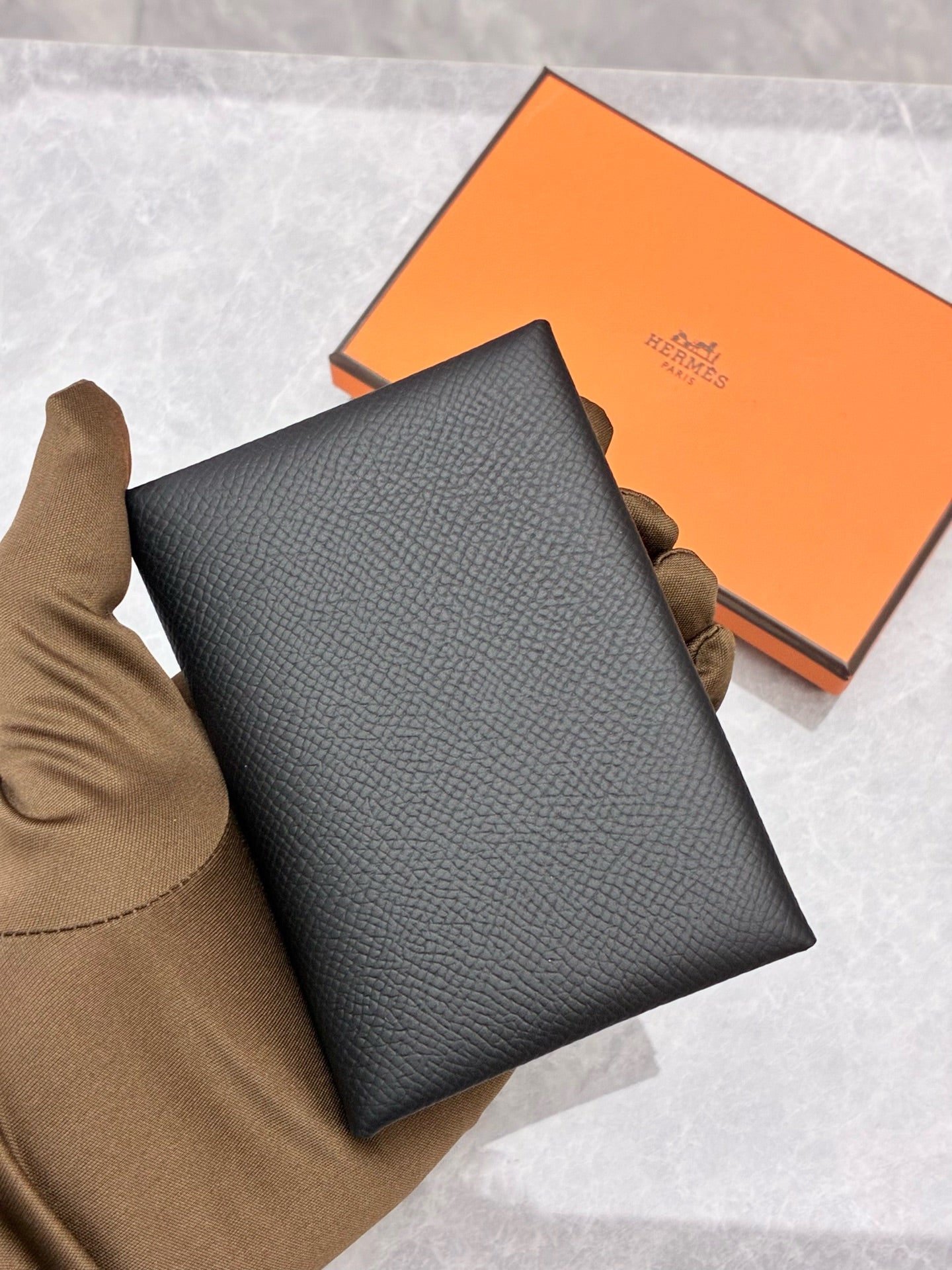 Hermès Calvi Duo Card Holder & Coin Purse – Black Leather, Palladium Hardware, Brand New