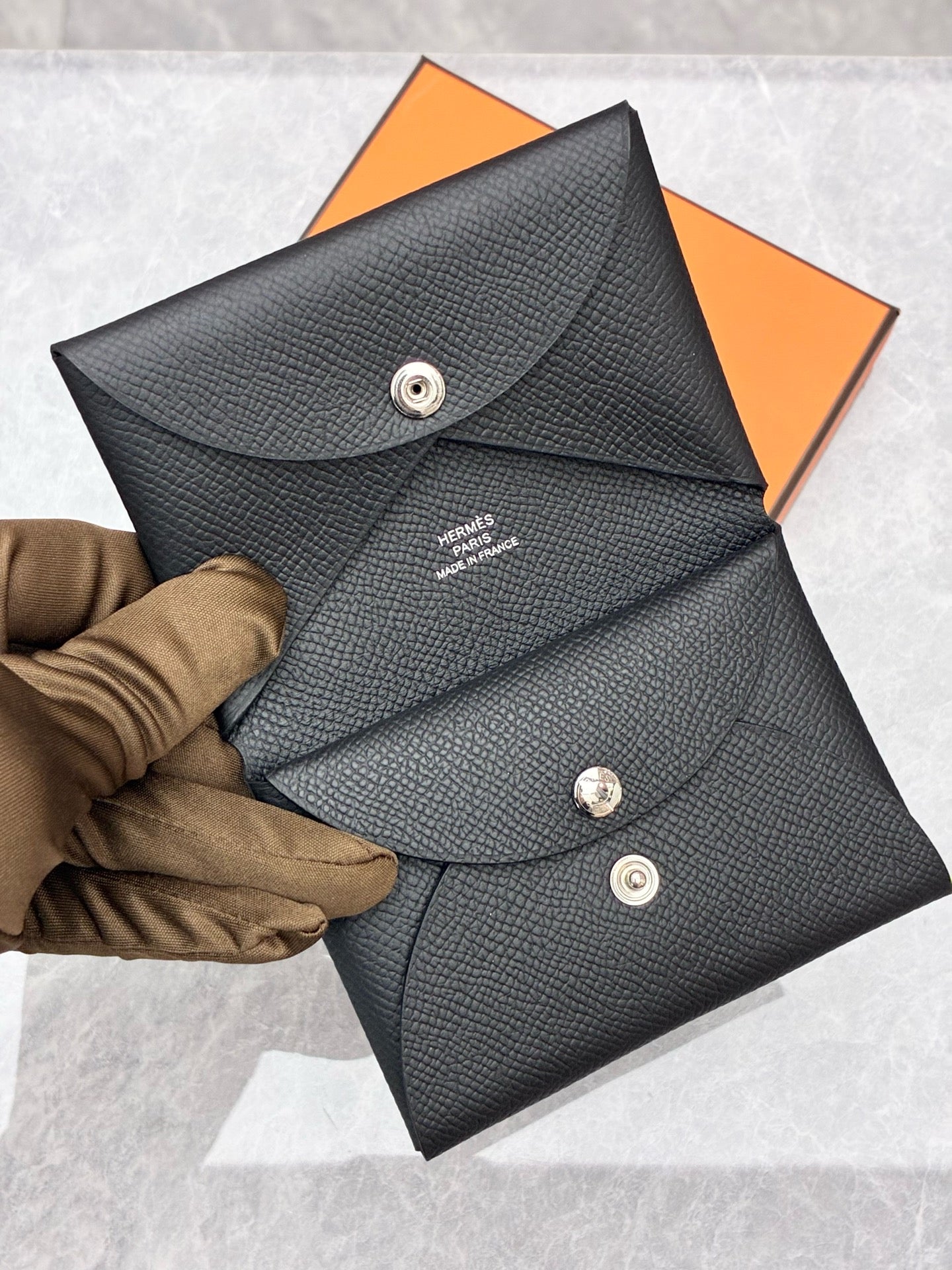 Hermès Calvi Duo Card Holder & Coin Purse – Black Leather, Palladium Hardware, Brand New