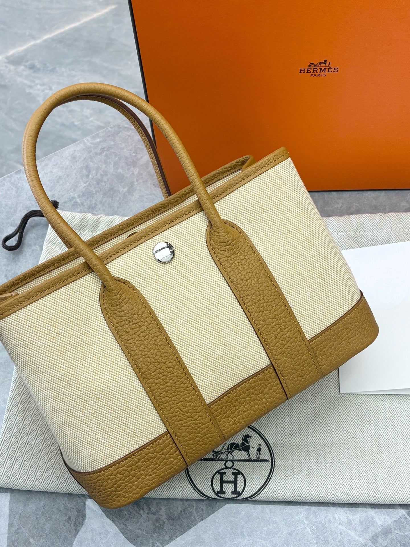 HERMÈS Mini Garden Party – Sesame Canvas & Leather, Palladium Hardware, Brand New