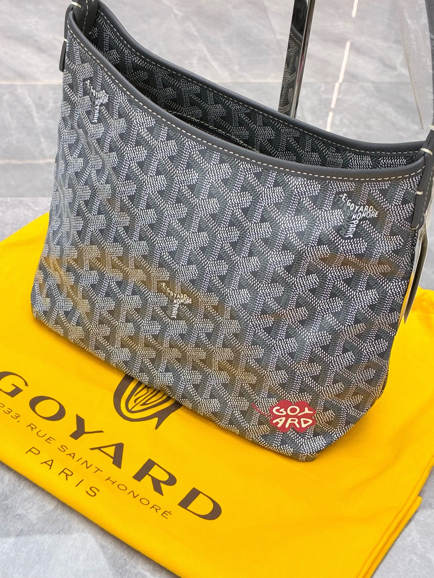 GOYARD Mini Hobo – Grey Goyardine Canvas, Red Hand-Painted Clover, Brand New