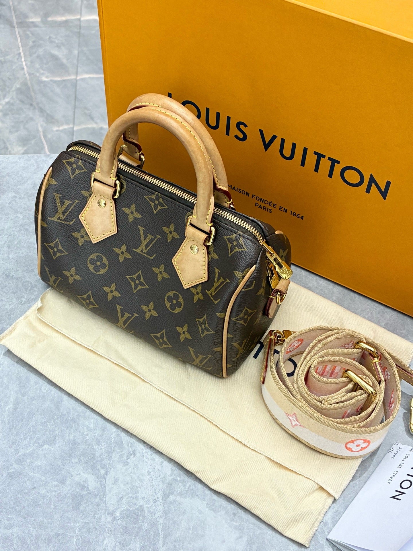 LOUIS VUITTON Speedy 20 – Monogram Canvas, Custom Beige & Pink Strap, Pre-Owned