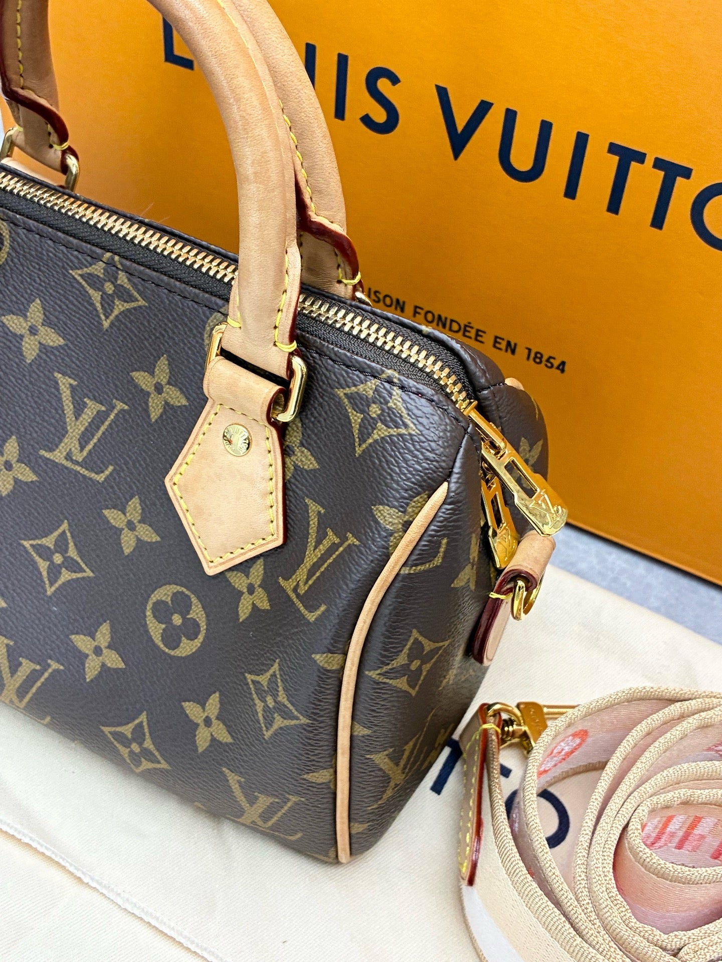 LOUIS VUITTON Speedy 20 – Monogram Canvas, Custom Beige & Pink Strap, Pre-Owned