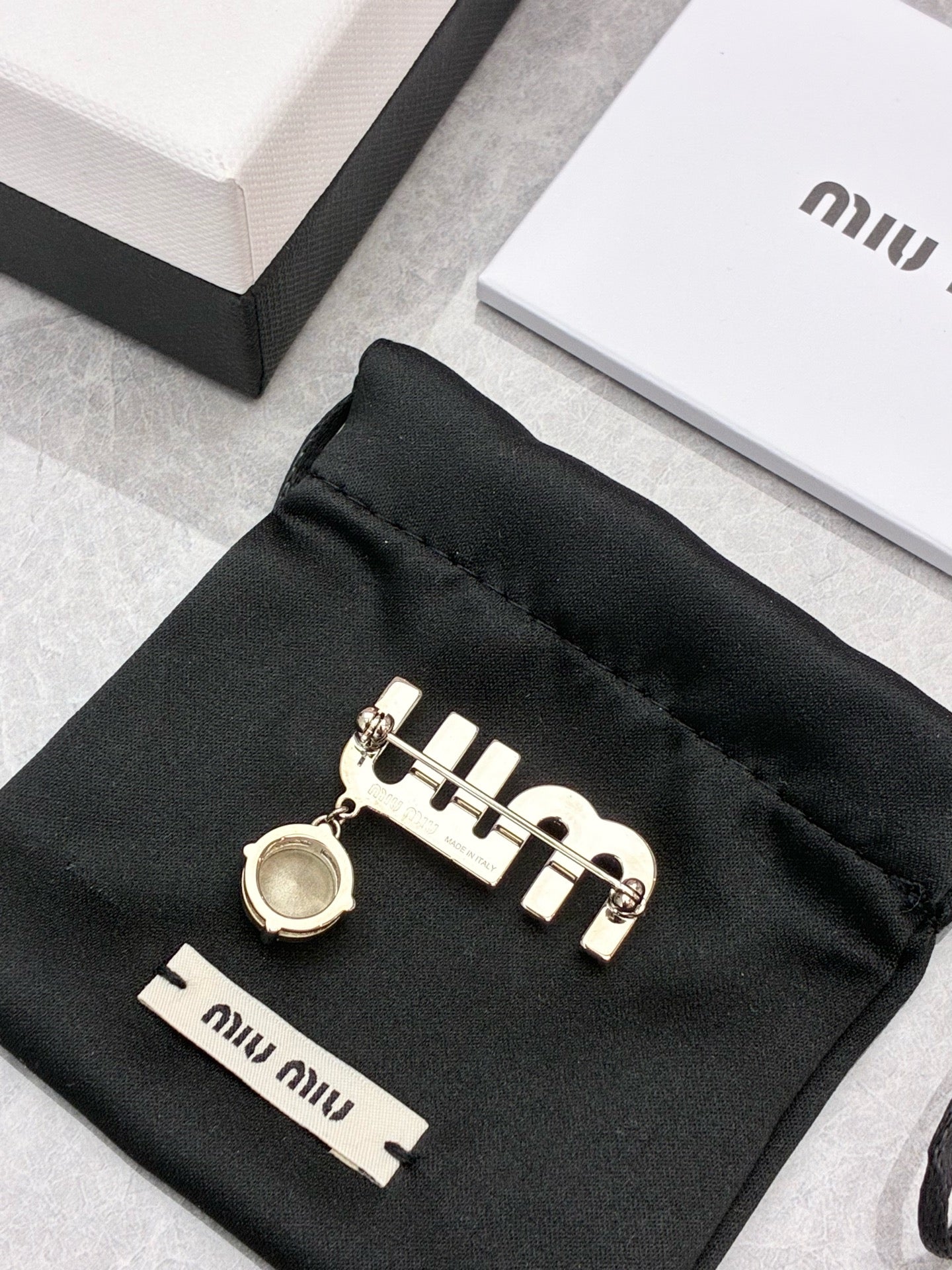 Miu Miu Crystal Letter Brooch – Silver Tone, Pre-Owned
