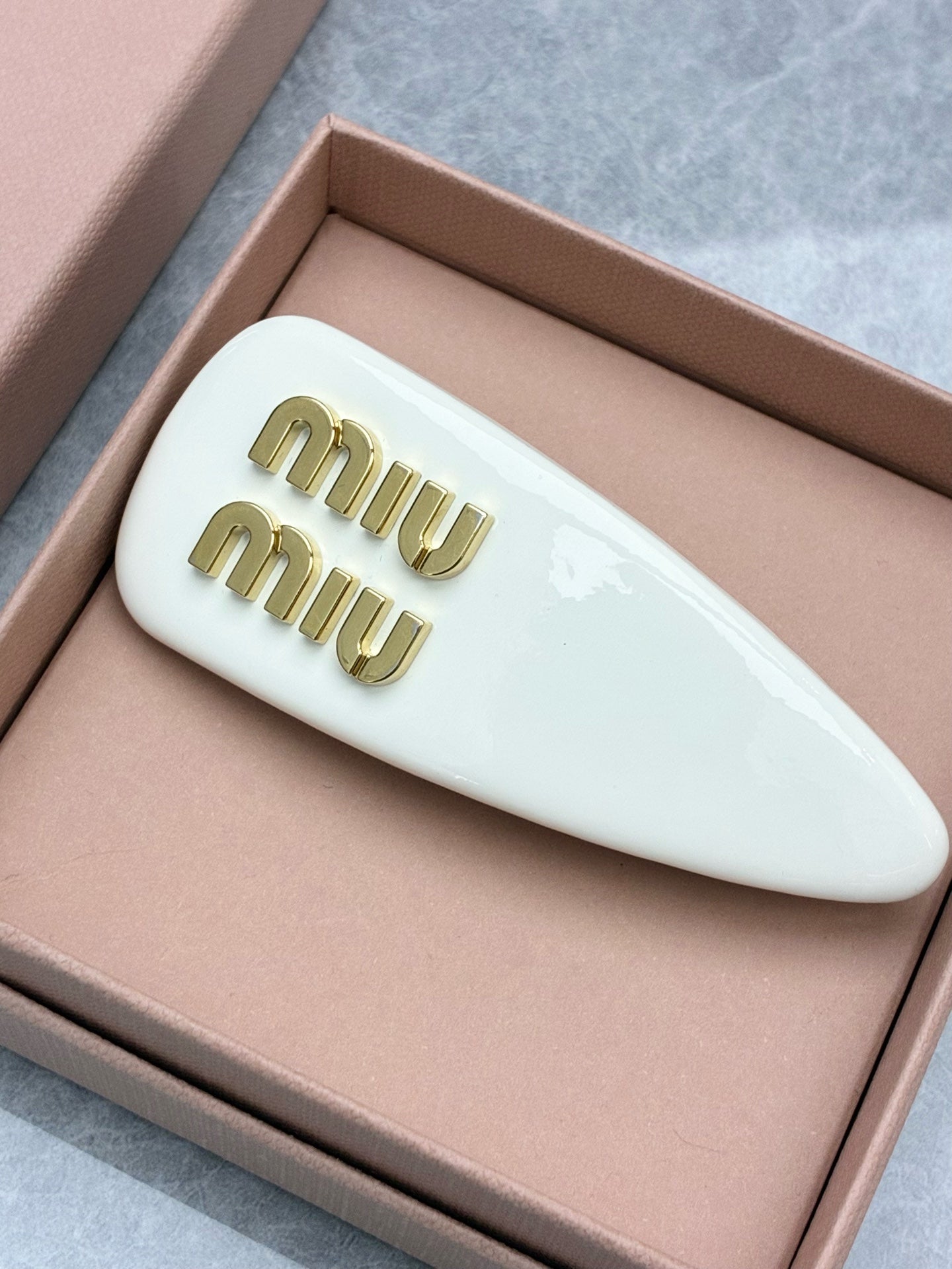 Miu Miu Patent Leather Hair Clip – White with Gold Logo, Pre-Owned
