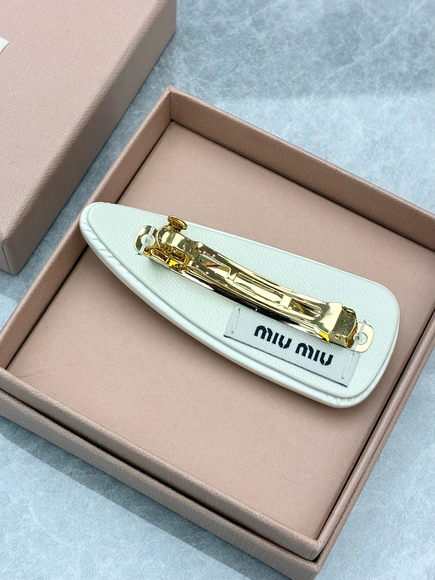 Miu Miu Patent Leather Hair Clip – White with Gold Logo, Pre-Owned