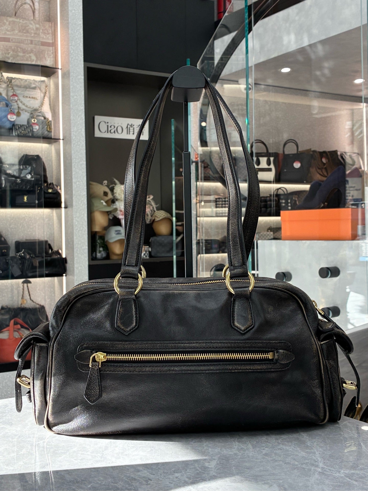 Miu Miu Distressed Leather Moto Bag – Coffee Brown, Pre-Owned