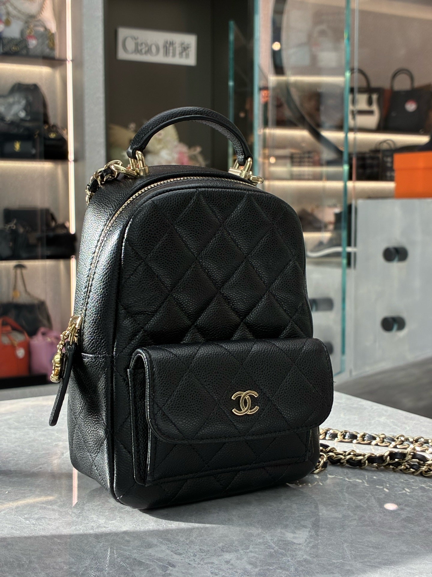 CHANEL Caviar Mini Backpack – Black with Gold Hardware, Pre-Owned