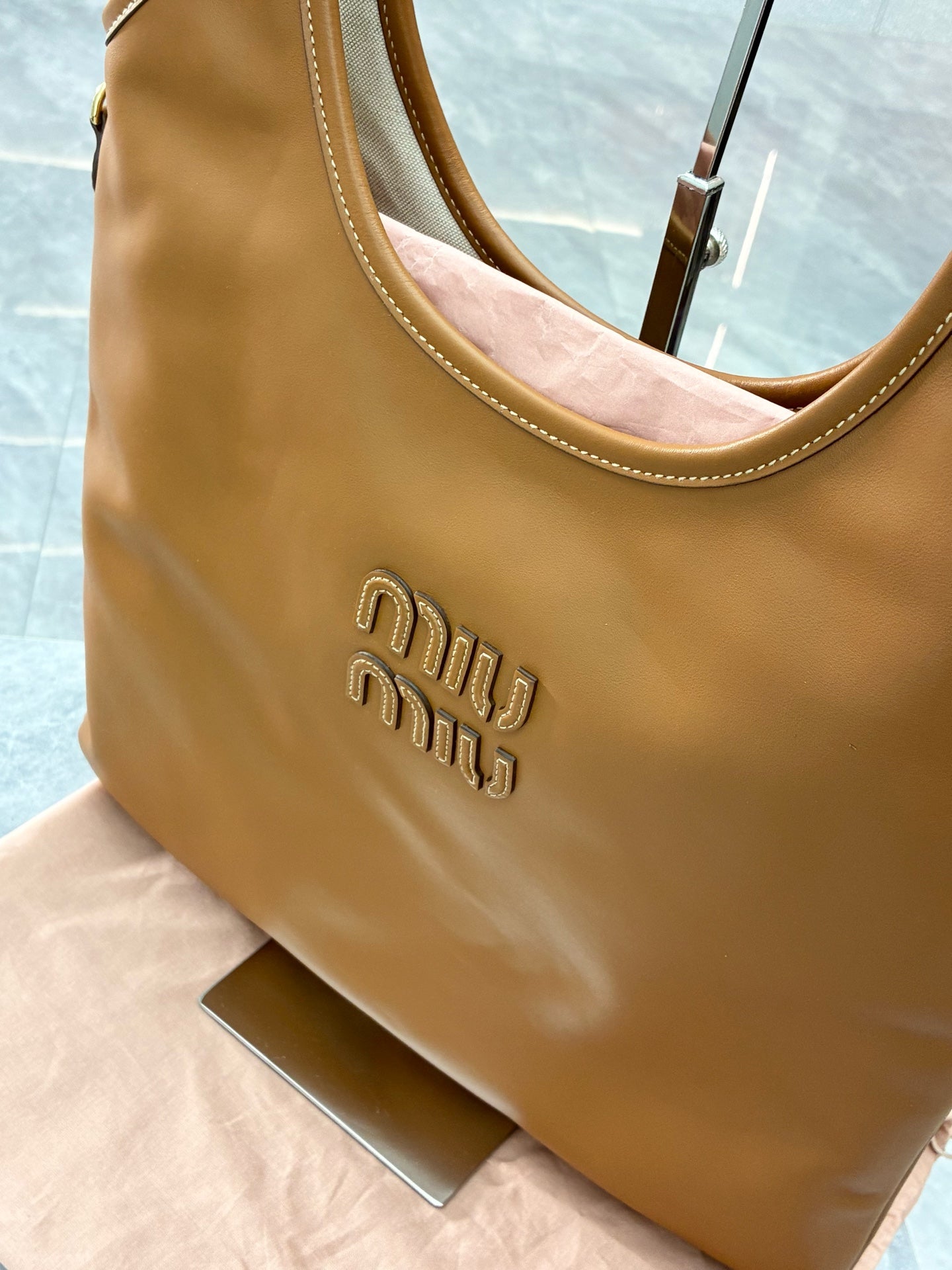Miu Miu IVY Logo Shoulder Bag – Camel Calfskin, Medium, Brand New