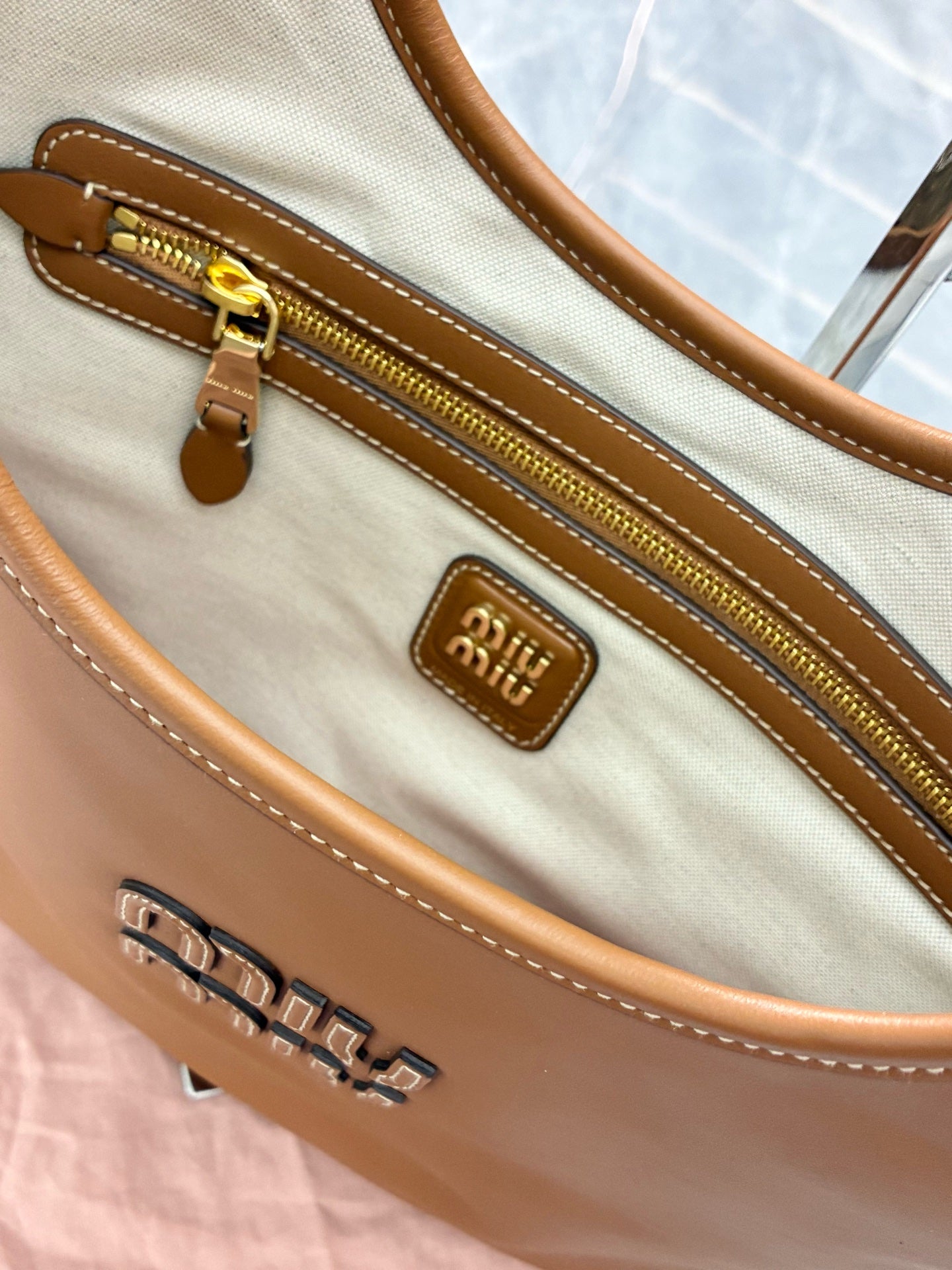Miu Miu IVY Logo Shoulder Bag – Camel Calfskin, Medium, Brand New