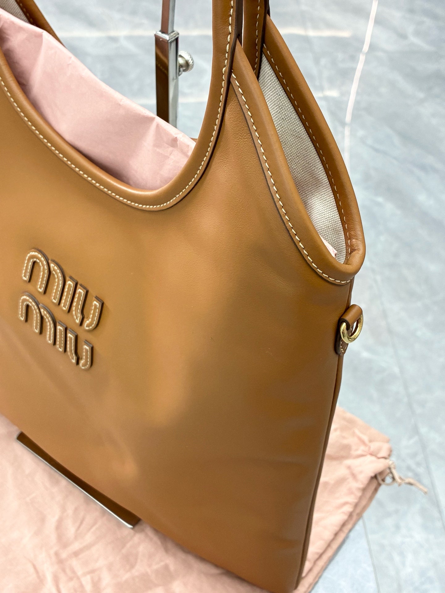 Miu Miu IVY Logo Shoulder Bag – Camel Calfskin, Medium, Brand New