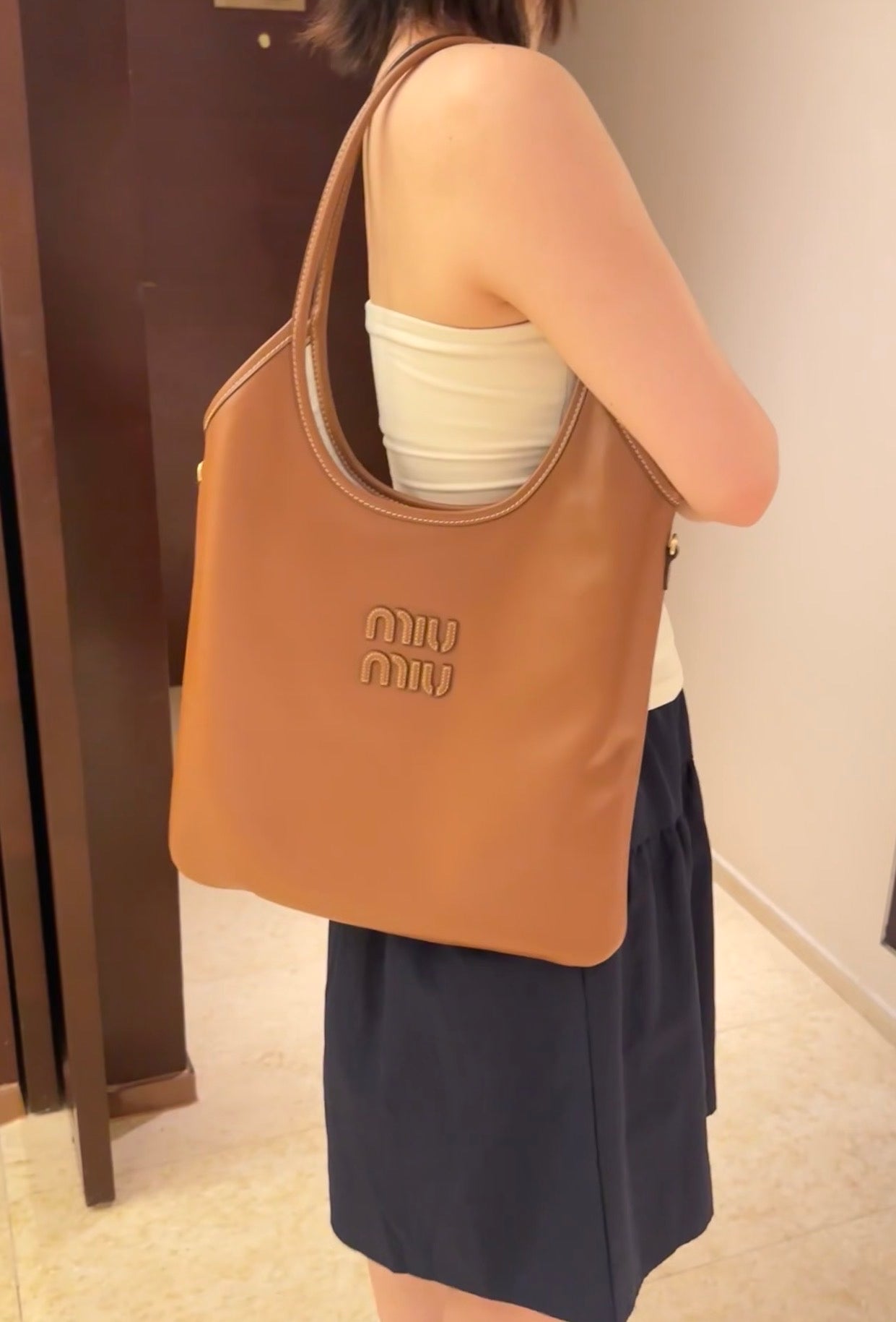 Miu Miu IVY Logo Shoulder Bag – Camel Calfskin, Medium, Brand New