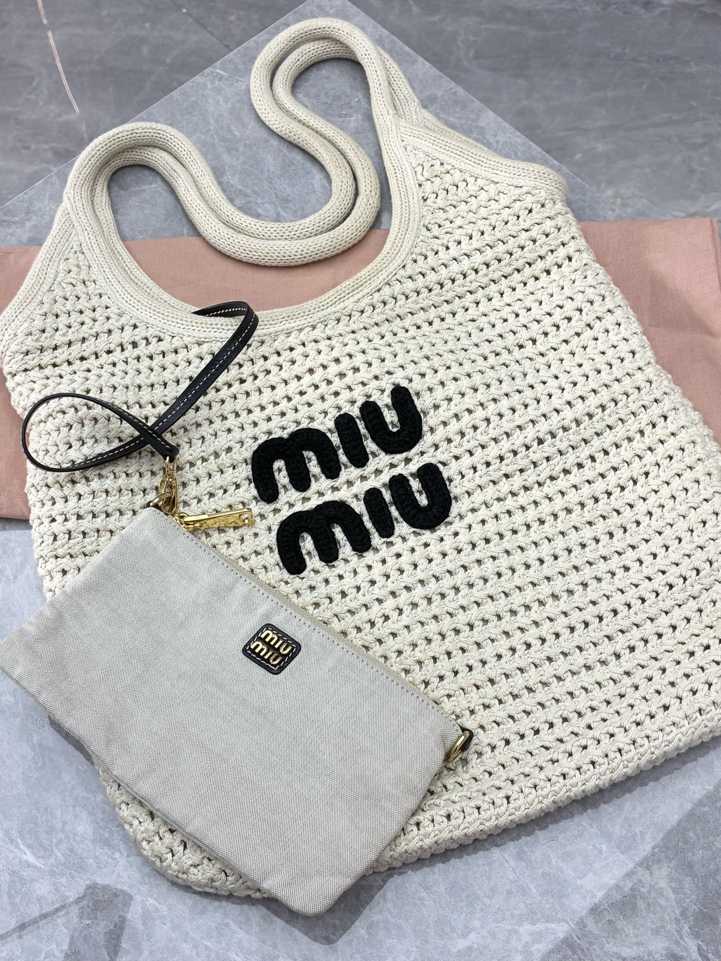 Miu Miu IVY Embroidered Mesh Tote – Off-White Cotton, Brand New