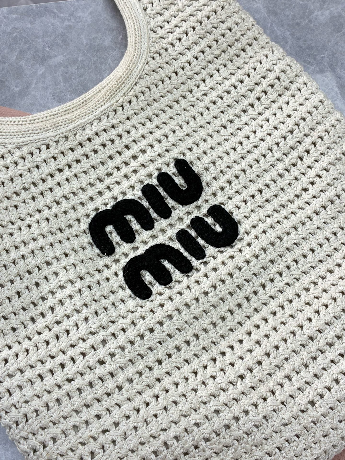 Miu Miu IVY Embroidered Mesh Tote – Off-White Cotton, Brand New
