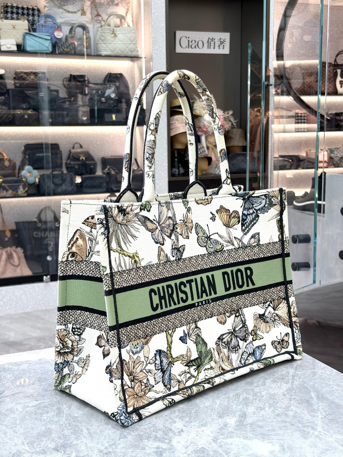 DIOR Book Tote Medium – Embroidered Canvas, Butterfly Motif, Very Good Pre-Owned