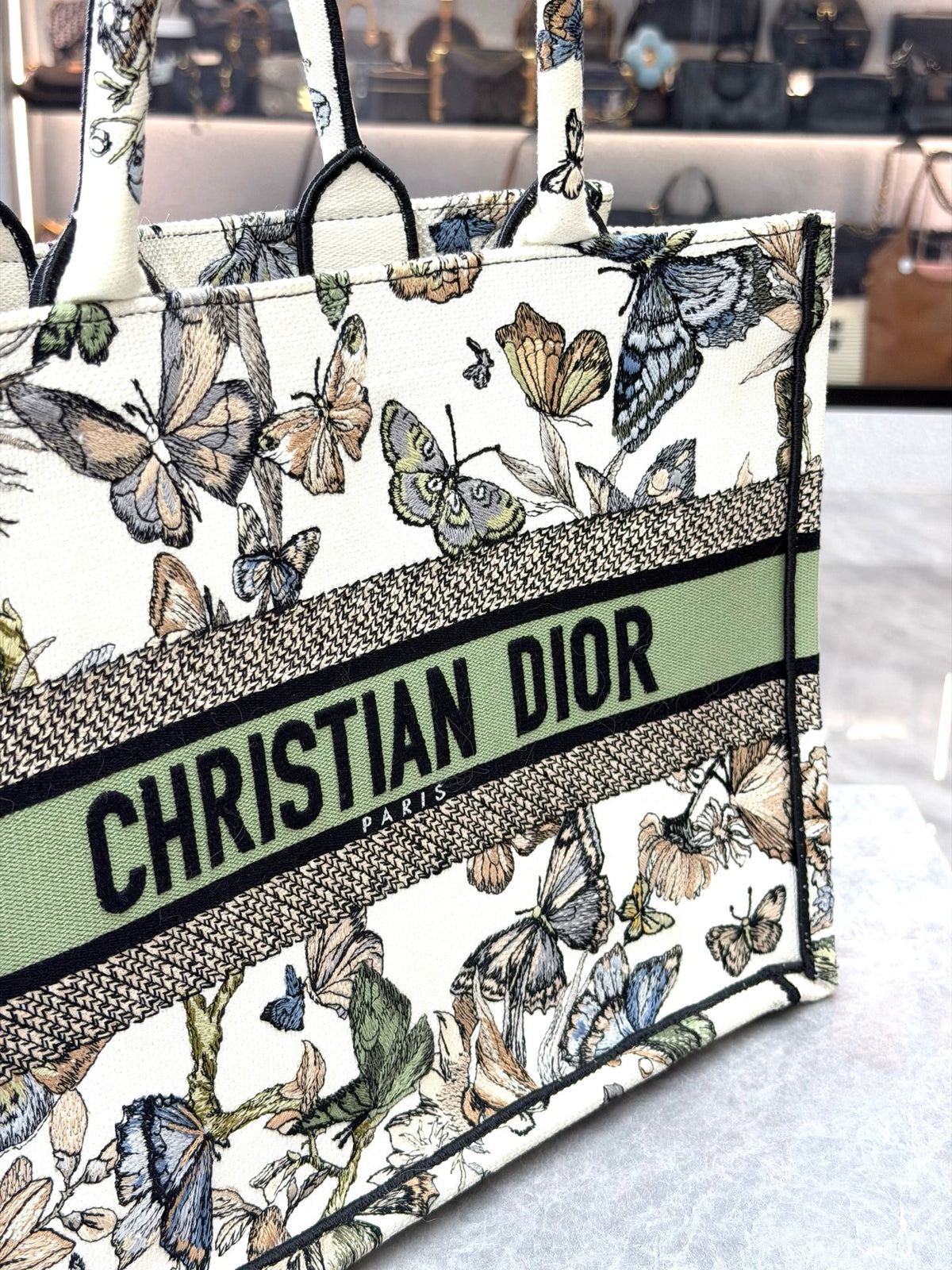 DIOR Book Tote Medium – Embroidered Canvas, Butterfly Motif, Very Good Pre-Owned