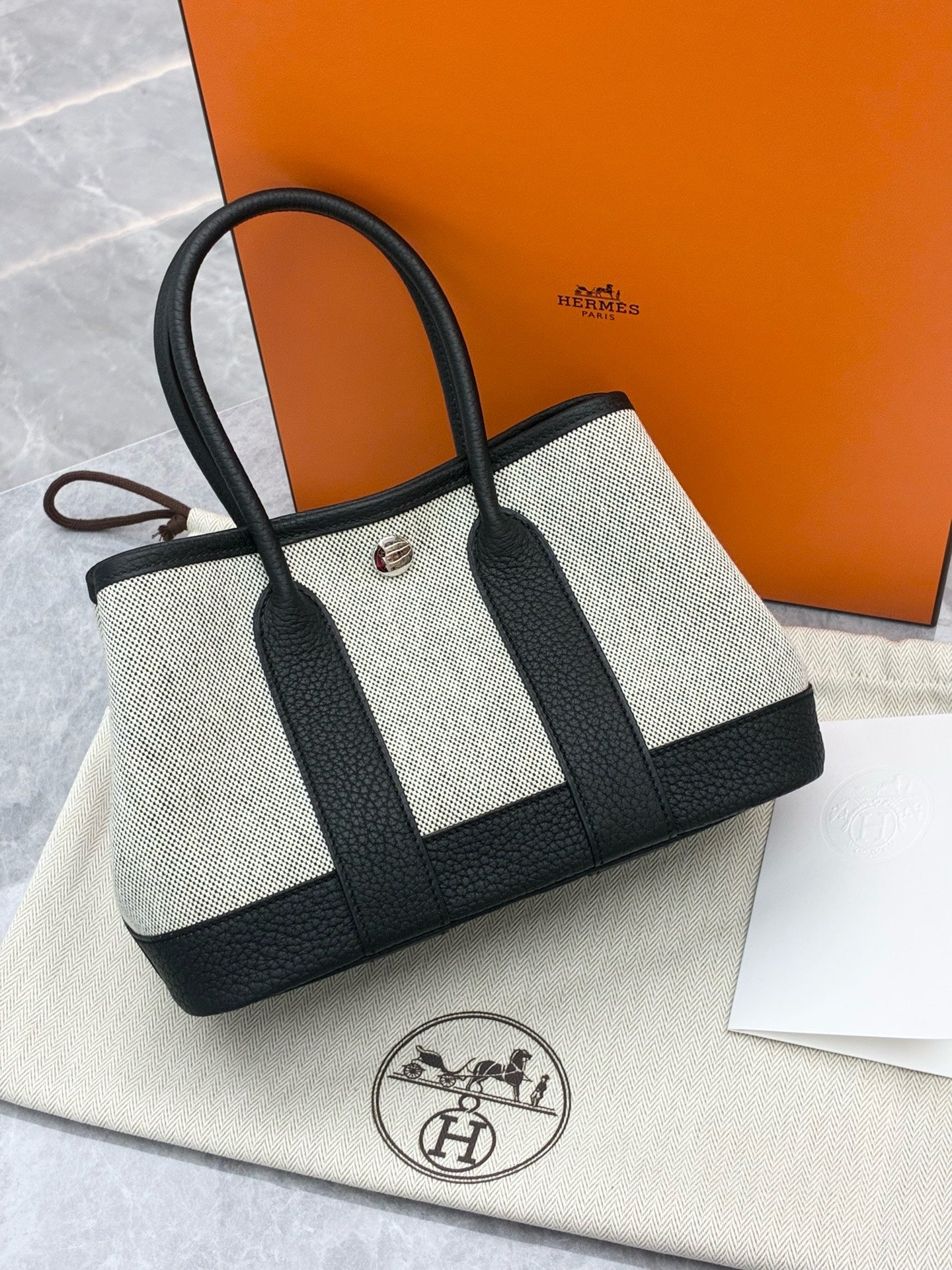 HERMÈS Garden Party Mini – Panda Black & White Canvas & Leather, Palladium Hardware, G Stamp, Brand New