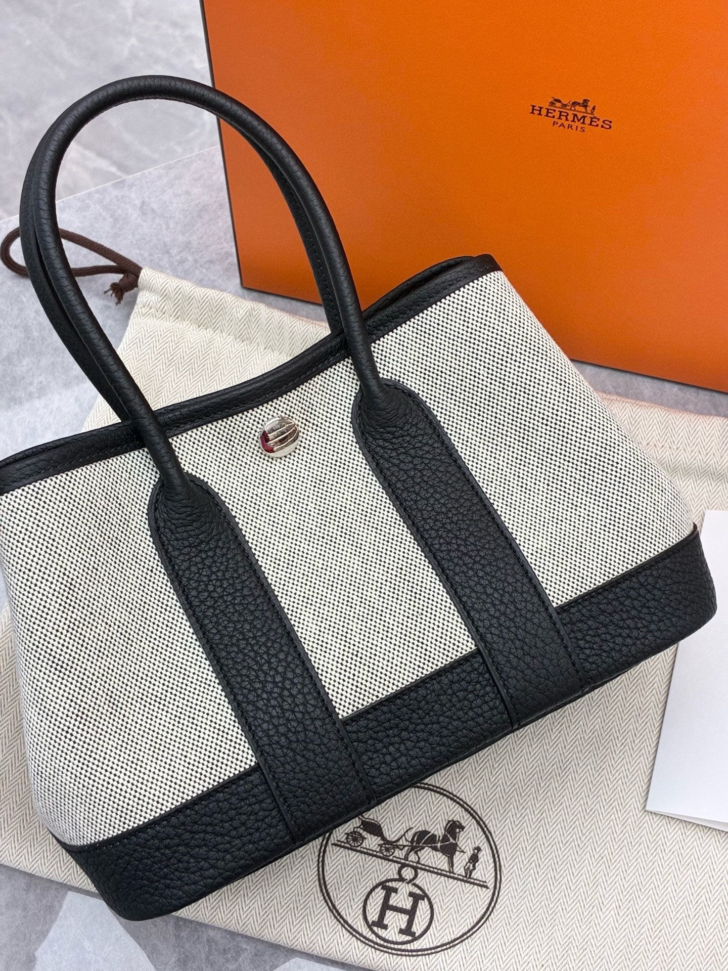 HERMÈS Garden Party Mini - Toile Canvas & Negonda Leather, Panda, Palladium Hardware, Brand New