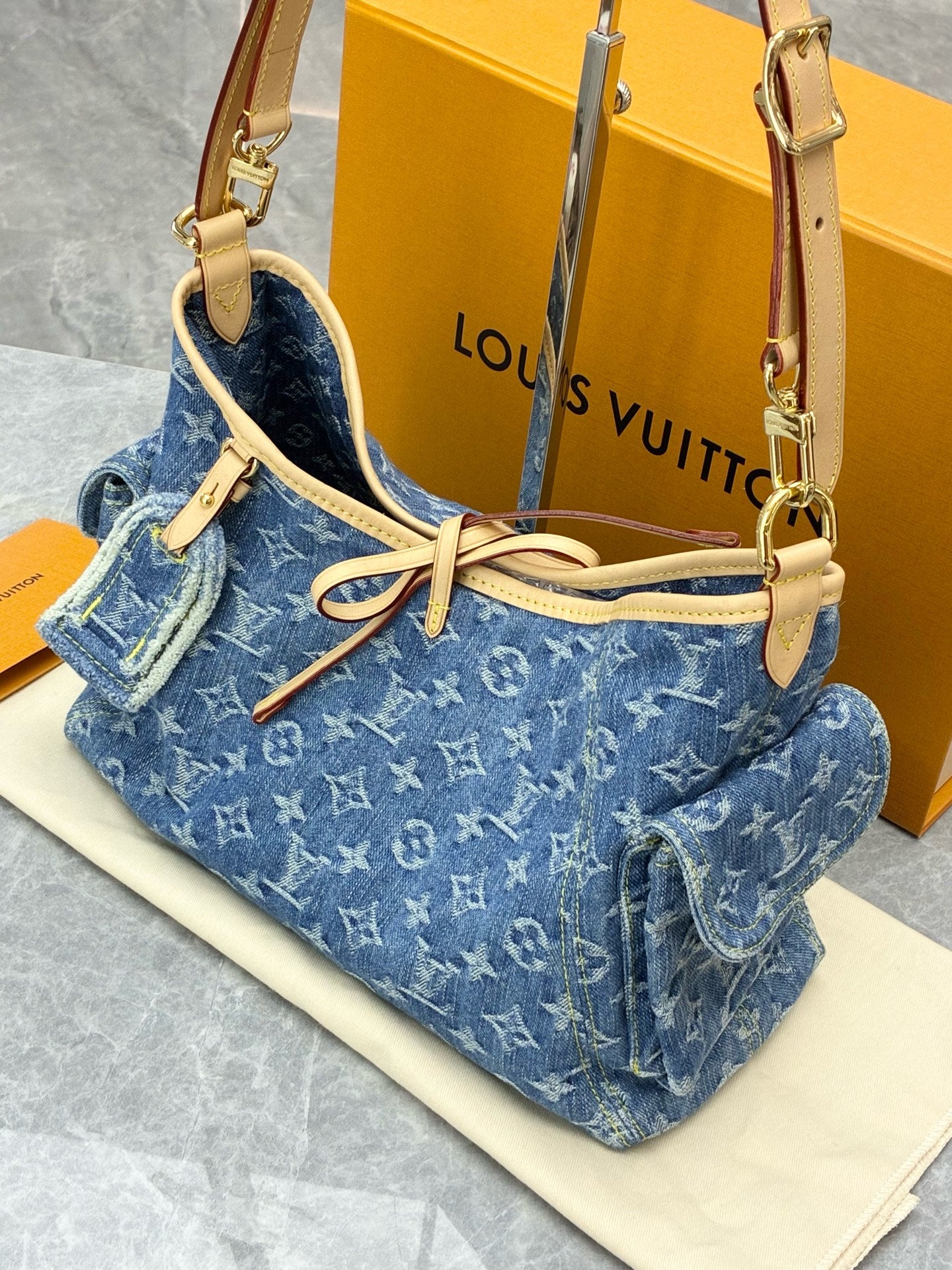 LOUIS VUITTON Carryall Cargo (Small) – Denim Monogram Jacquard, Gold Hardware, Excellent Pre-Owned