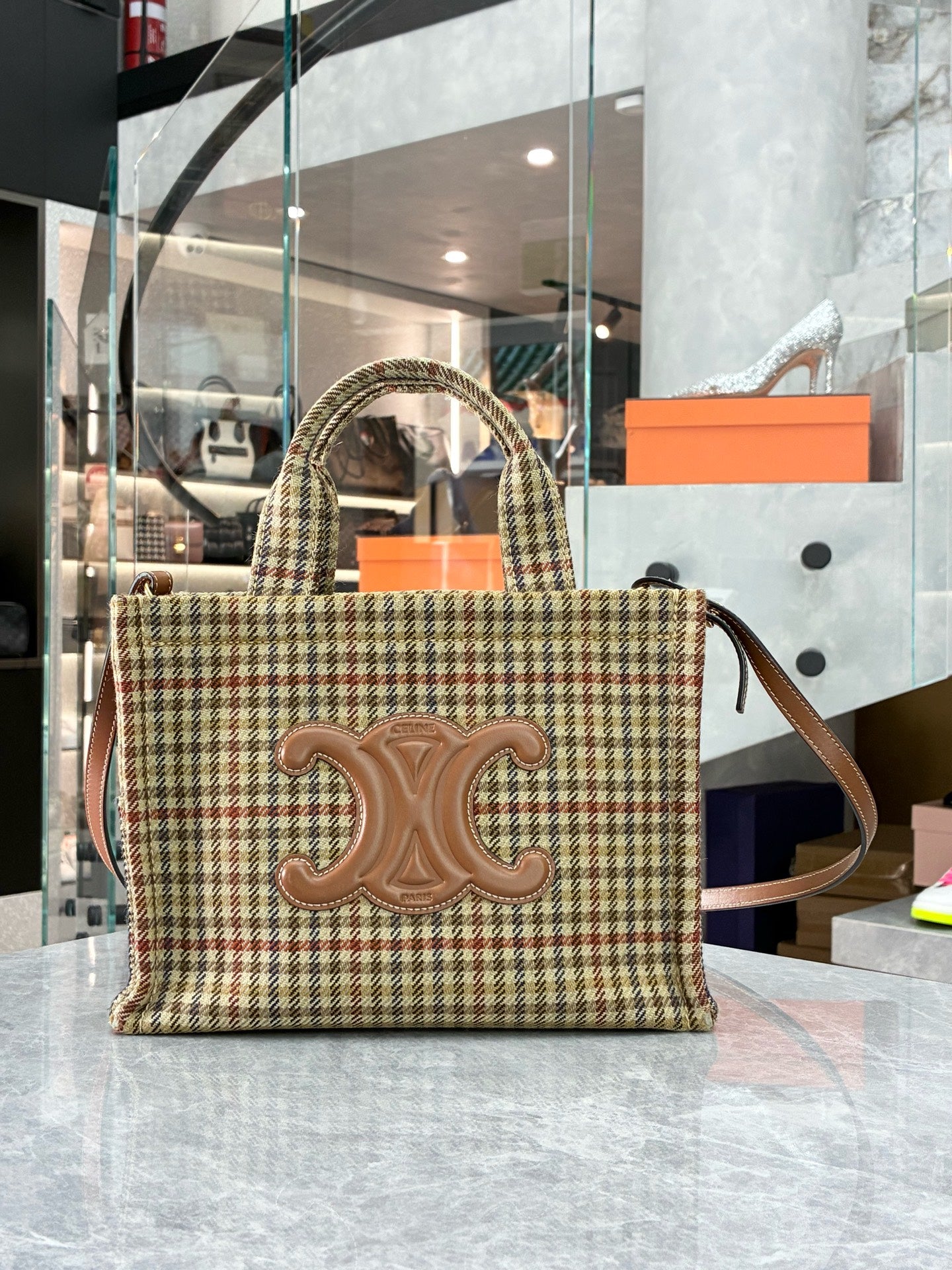 CELINE Triomphe Cabas Tote – Houndstooth Wool Textile, Tan Leather Trim, Pre-Owned