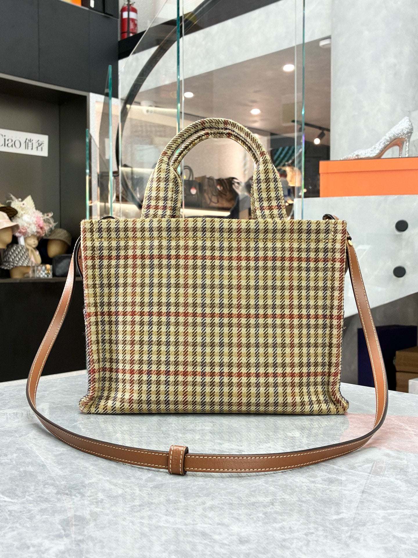 CELINE Triomphe Cabas Tote – Houndstooth Wool Textile, Tan Leather Trim, Pre-Owned